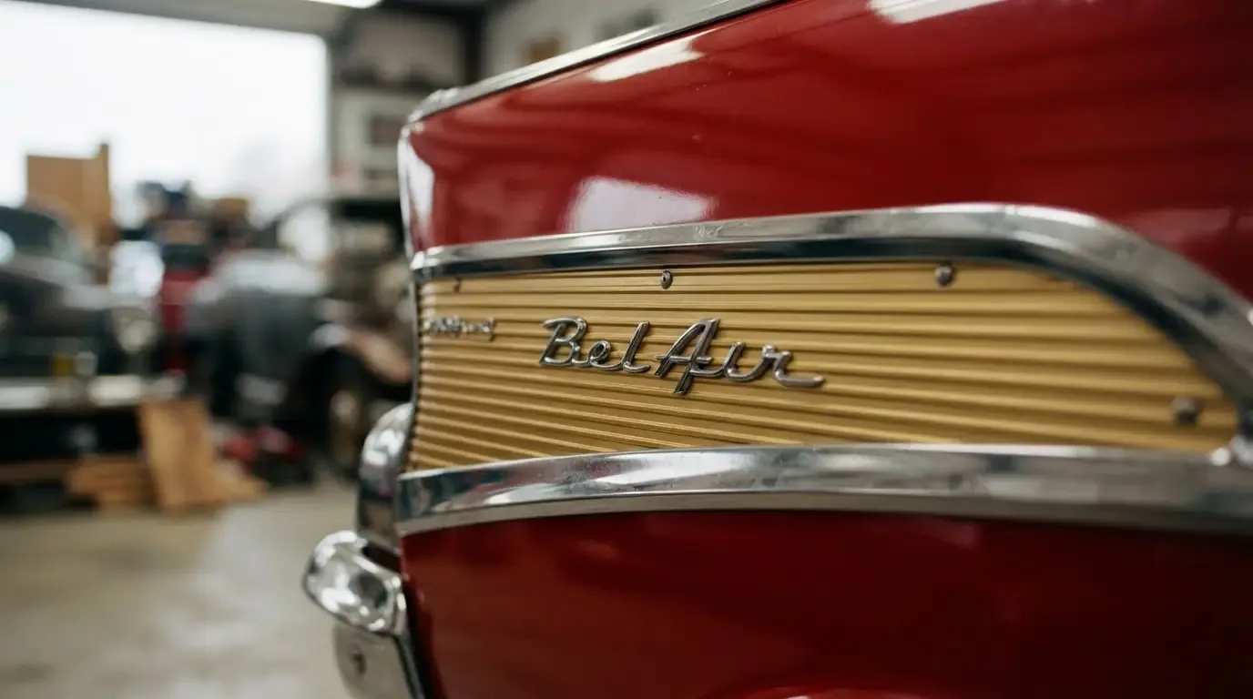 Close-up of the gold anodized aluminum side trim on a 1957 Chevrolet Bel Air