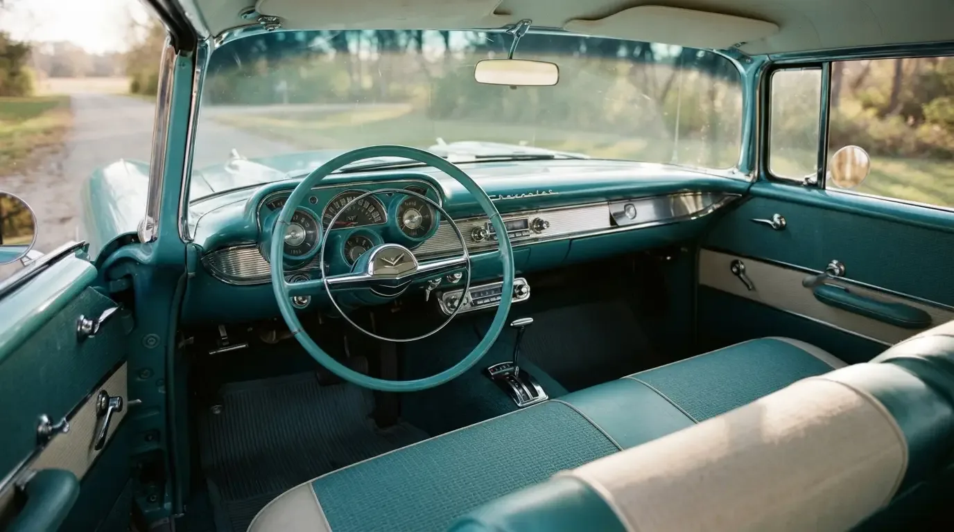 Interior cabin of a 1957 Chevrolet Bel Air showing jet-age dashboard and bench seats