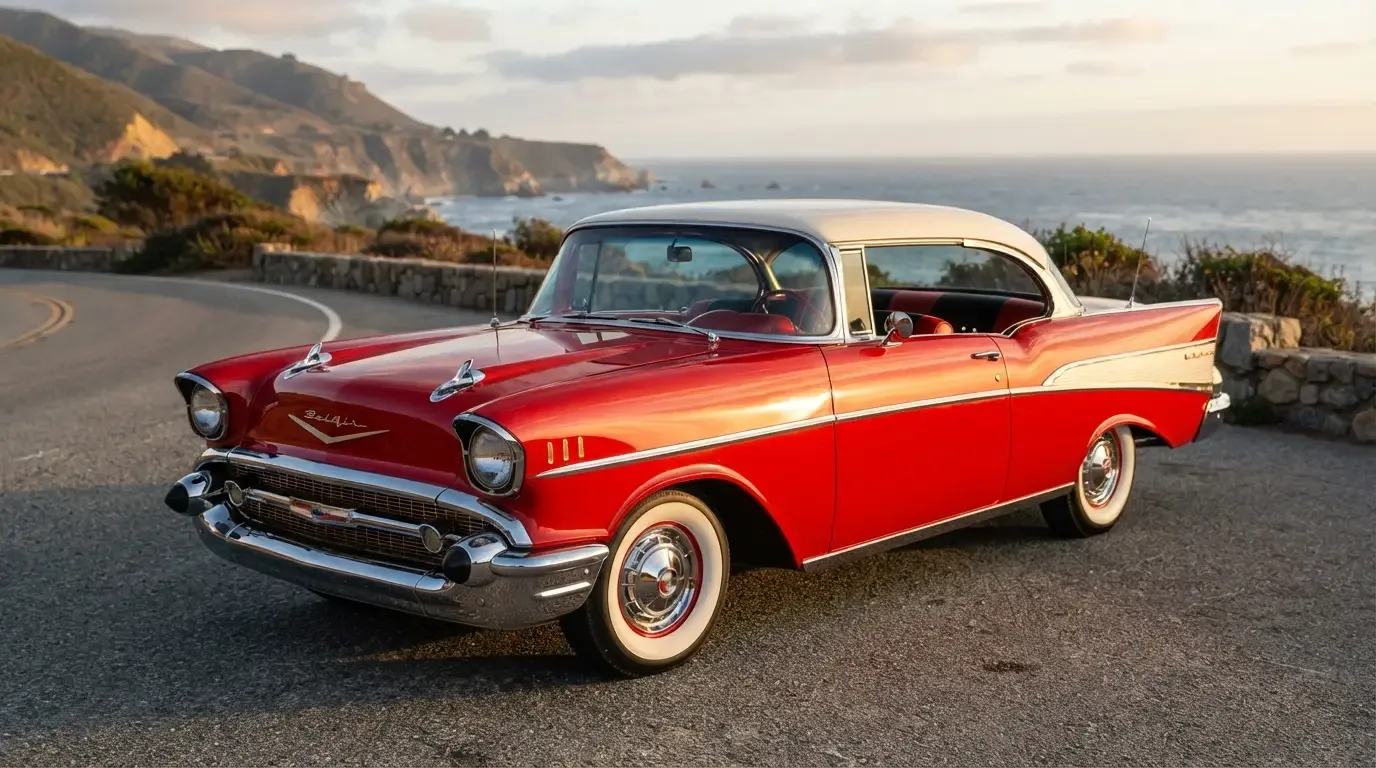 Pristine restored 1957 Chevrolet Bel Air Sport Coupe, three-quarter front view