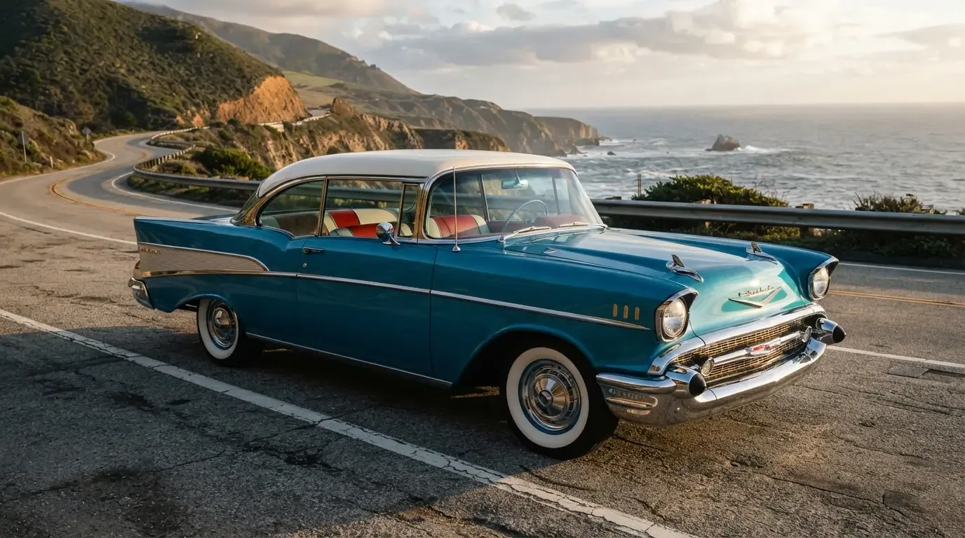 1957 Chevrolet Bel Air two-door hardtop with iconic tailfins, three-quarter front view