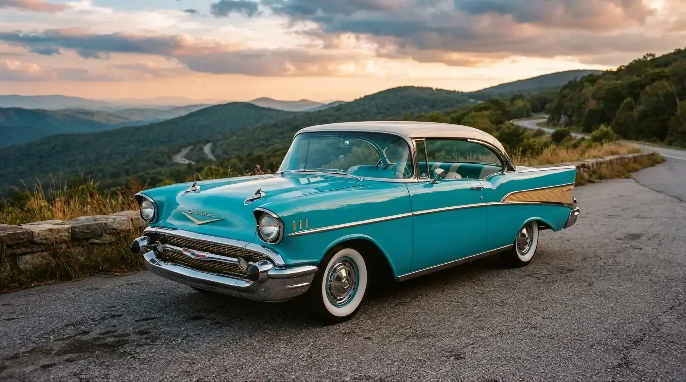 1957 Chevrolet Bel Air hardtop in vivid color, three-quarter front view