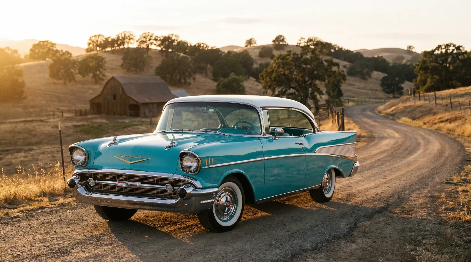 1957 Chevrolet Bel Air with tailfins, three-quarter front view, cinematic editorial hero photo