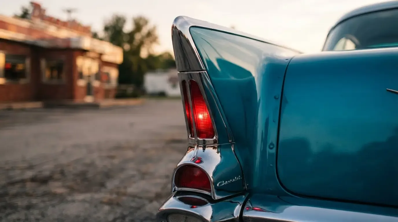 Close-up of the rear tailfin and chrome taillight of a 1957 Chevrolet Bel Air