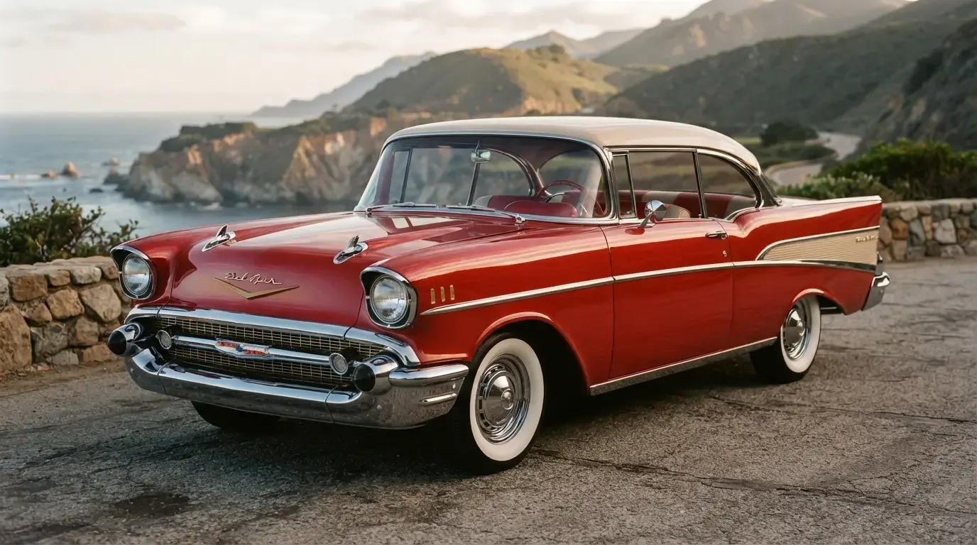 Restored 1957 Chevrolet Bel Air hardtop coupe, three-quarter front view