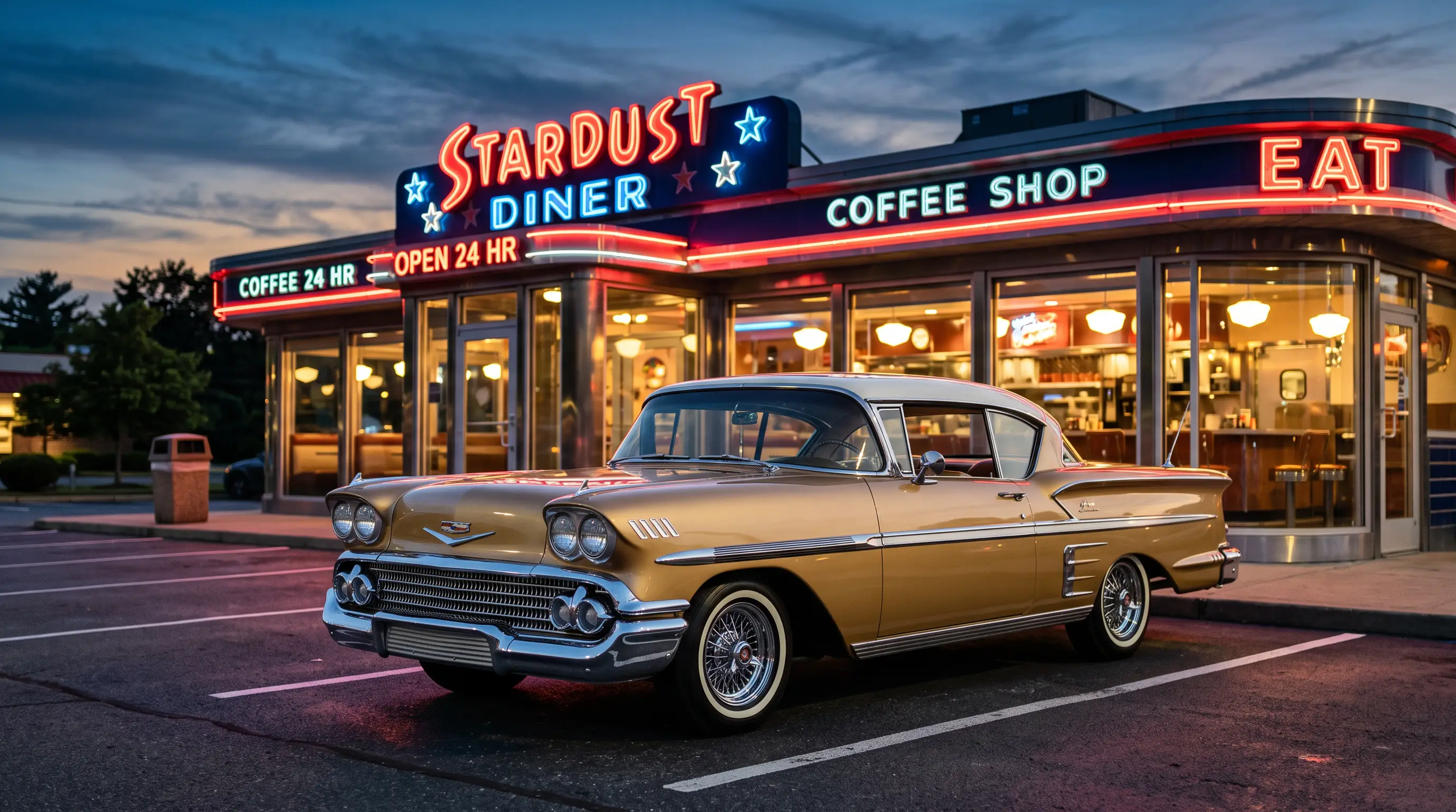 Gold and white 1958 Chevy Bel Air Sport Coupe outside a neon lit diner at twilight