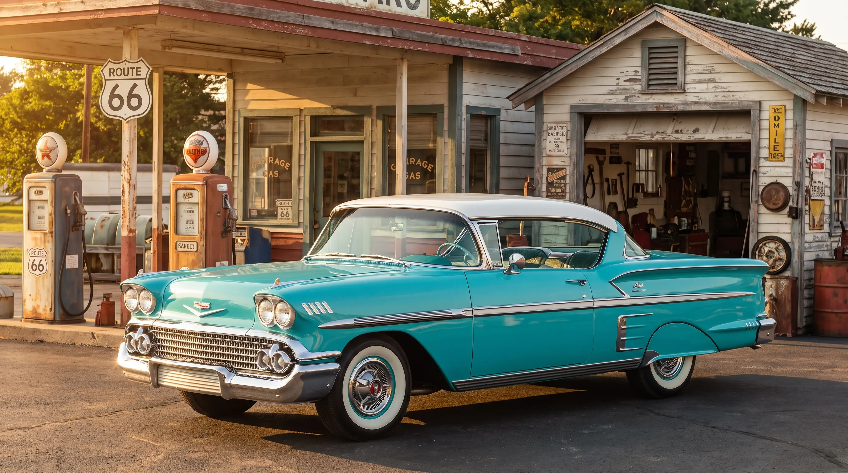 Turquoise 1958 Chevrolet Bel Air at a vintage gas station