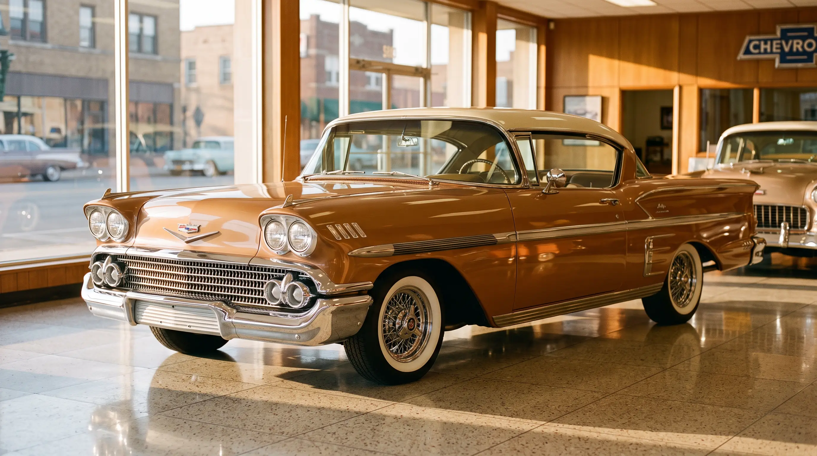 1958 Chevrolet Bel Air Impala coupe gleaming on a sunlit showroom floor