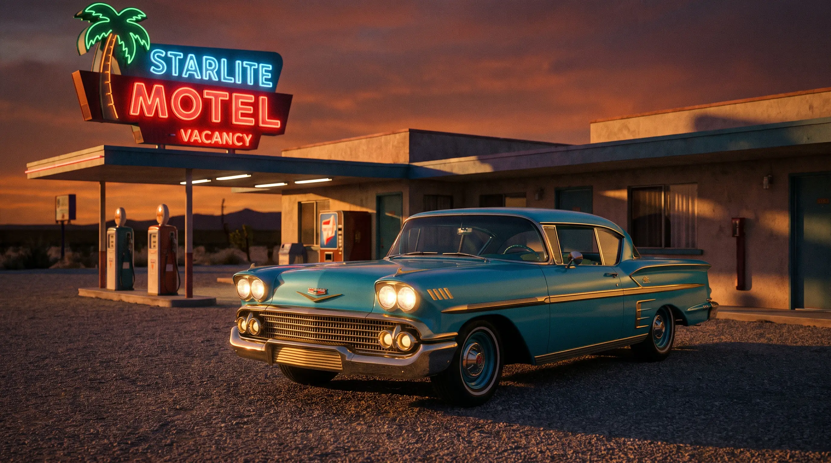 1958 Chevrolet Bel Air with quad headlights parked at a neon lit motel at dusk