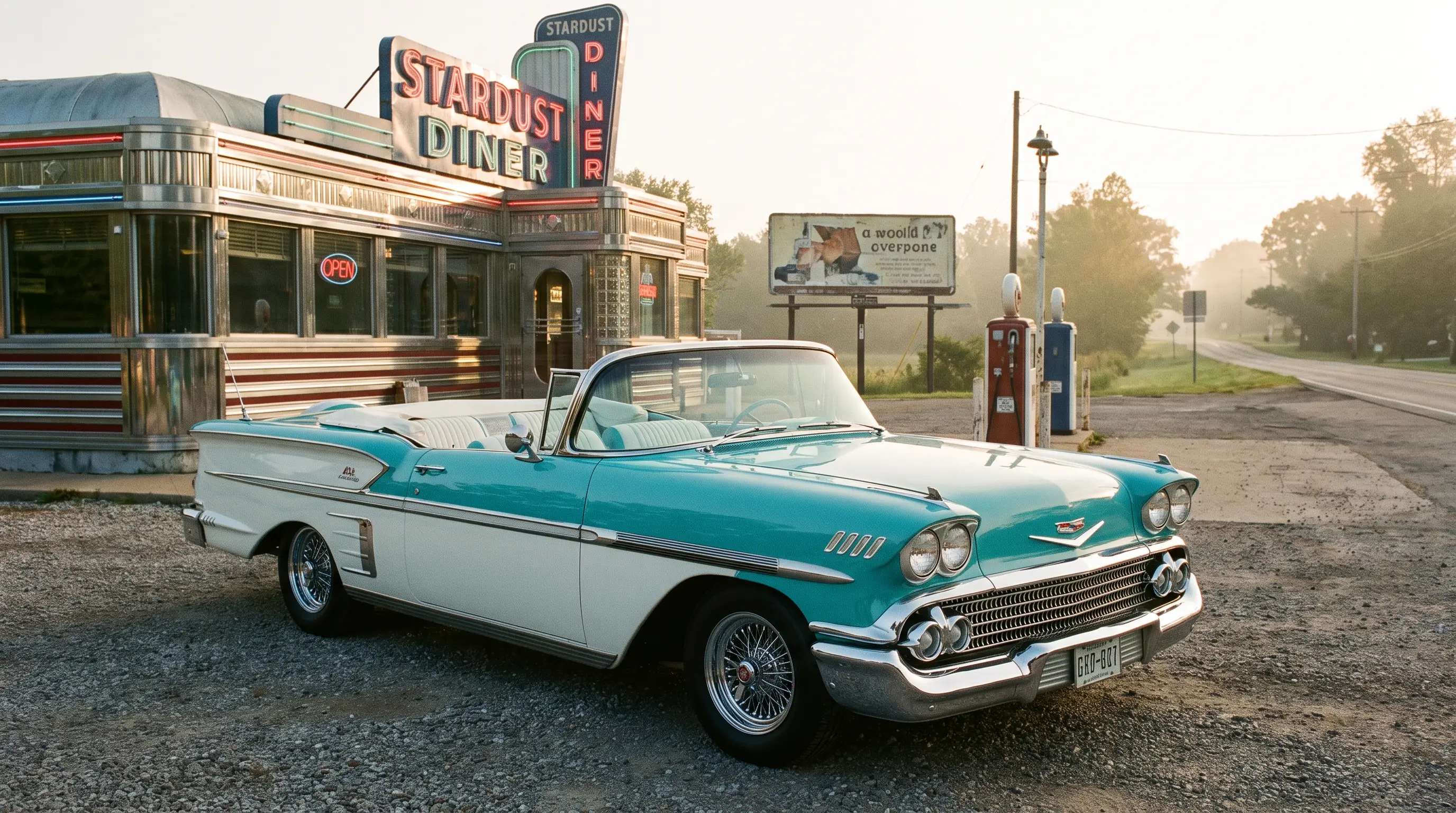 Rare 1958 Chevrolet Bel Air convertible outside a chrome diner at dawn