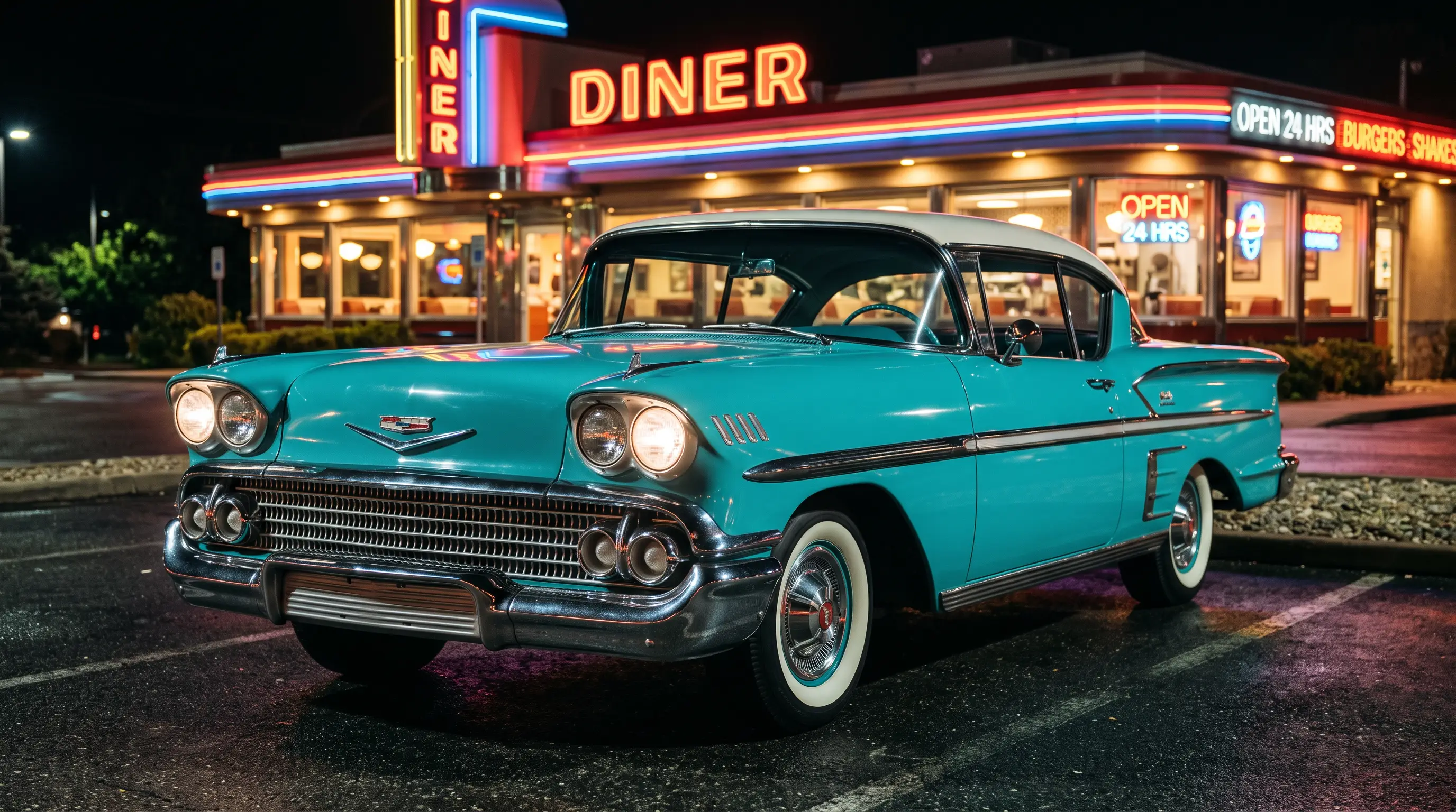 Turquoise 1958 Bel Air with quad headlights outside a neon lit diner at night
