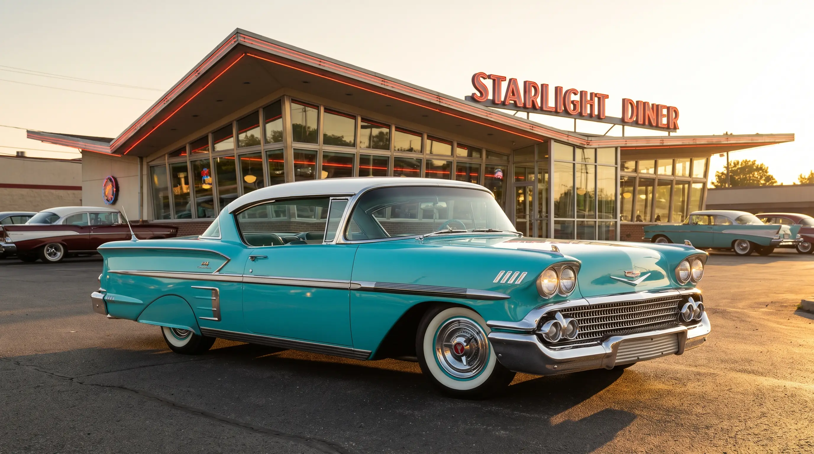 Two tone turquoise and white 1958 Bel Air with quad headlights outside a mid century diner