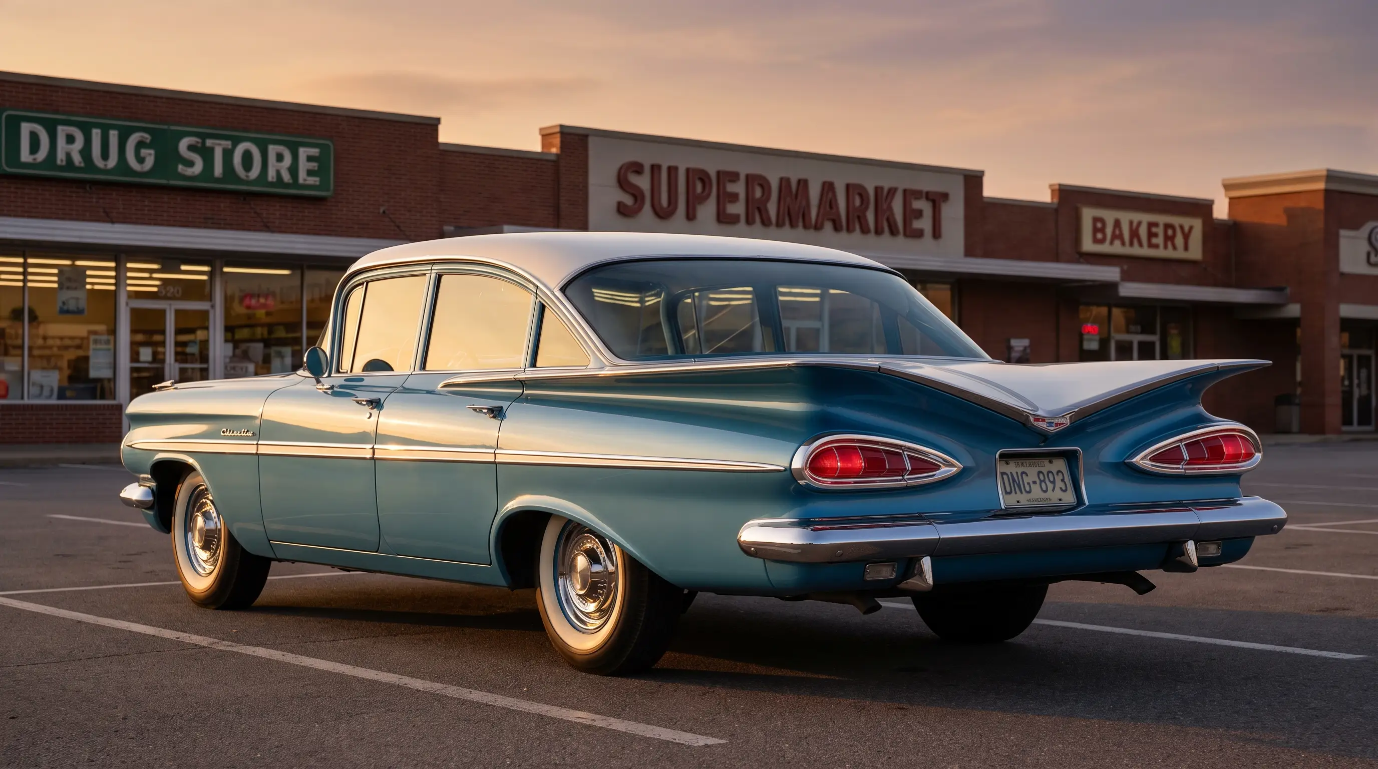 1959 Chevrolet Bel Air with batwing tailfins at a shopping center at golden hour