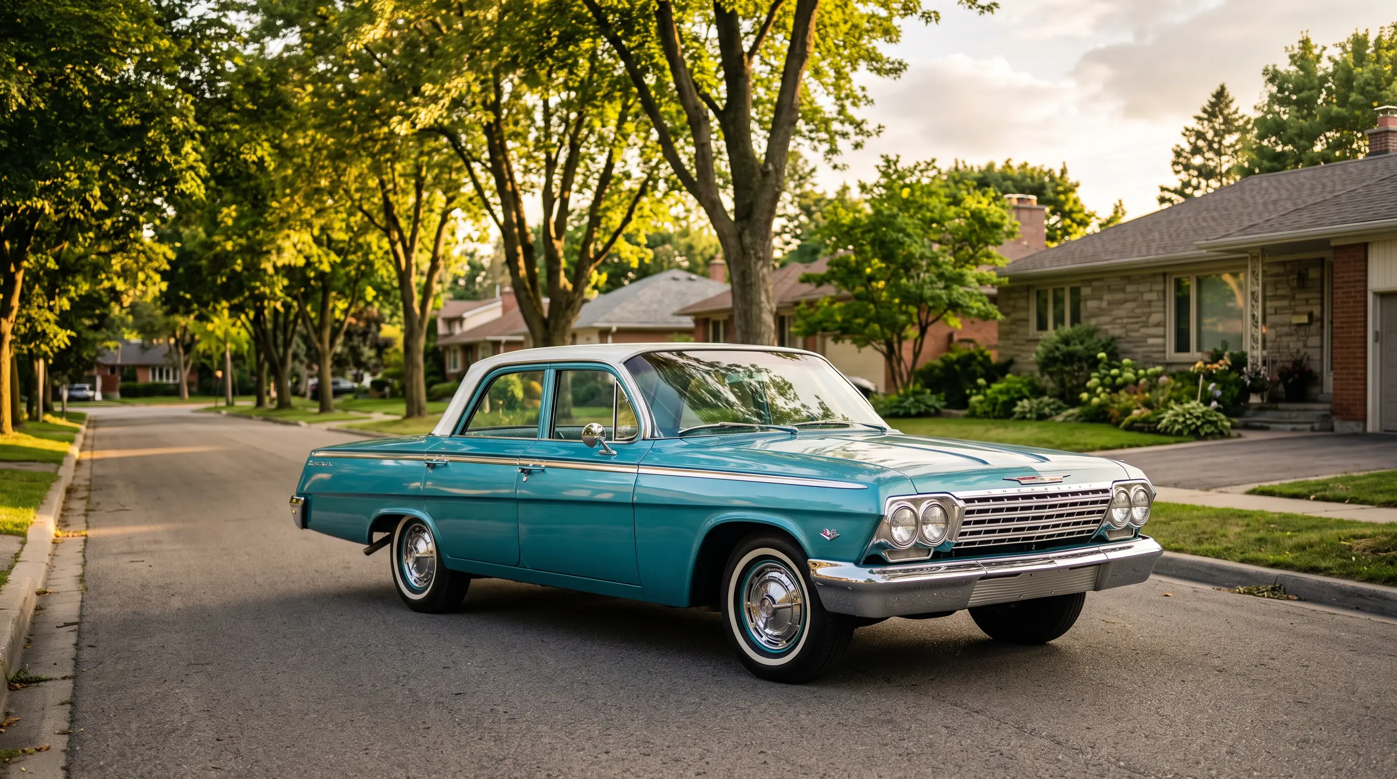 Turquoise and white 1962 Chevrolet Bel Air on a tree lined suburban street