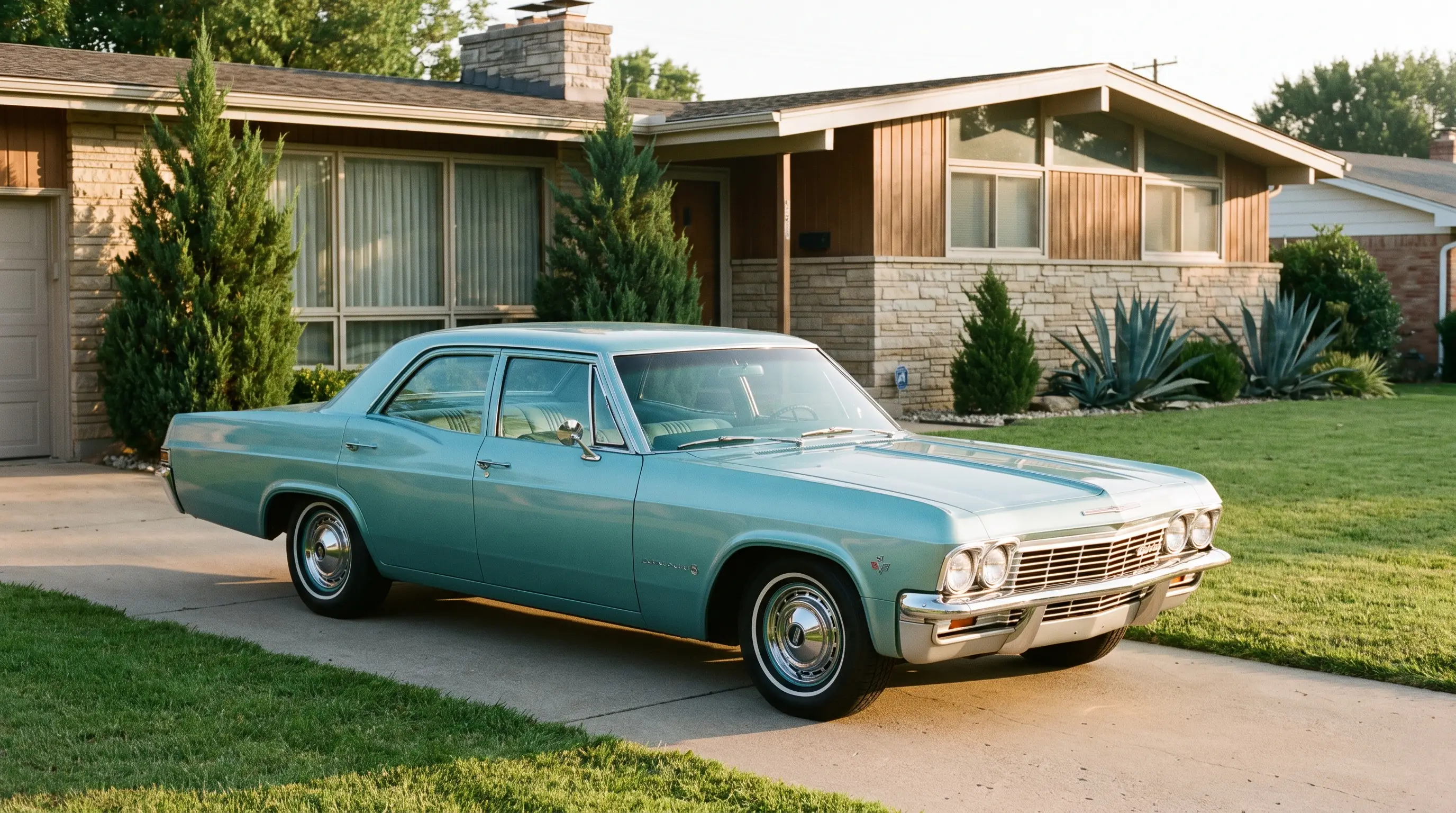 1965 Chevrolet Bel Air sedan in pale turquoise outside a suburban ranch house