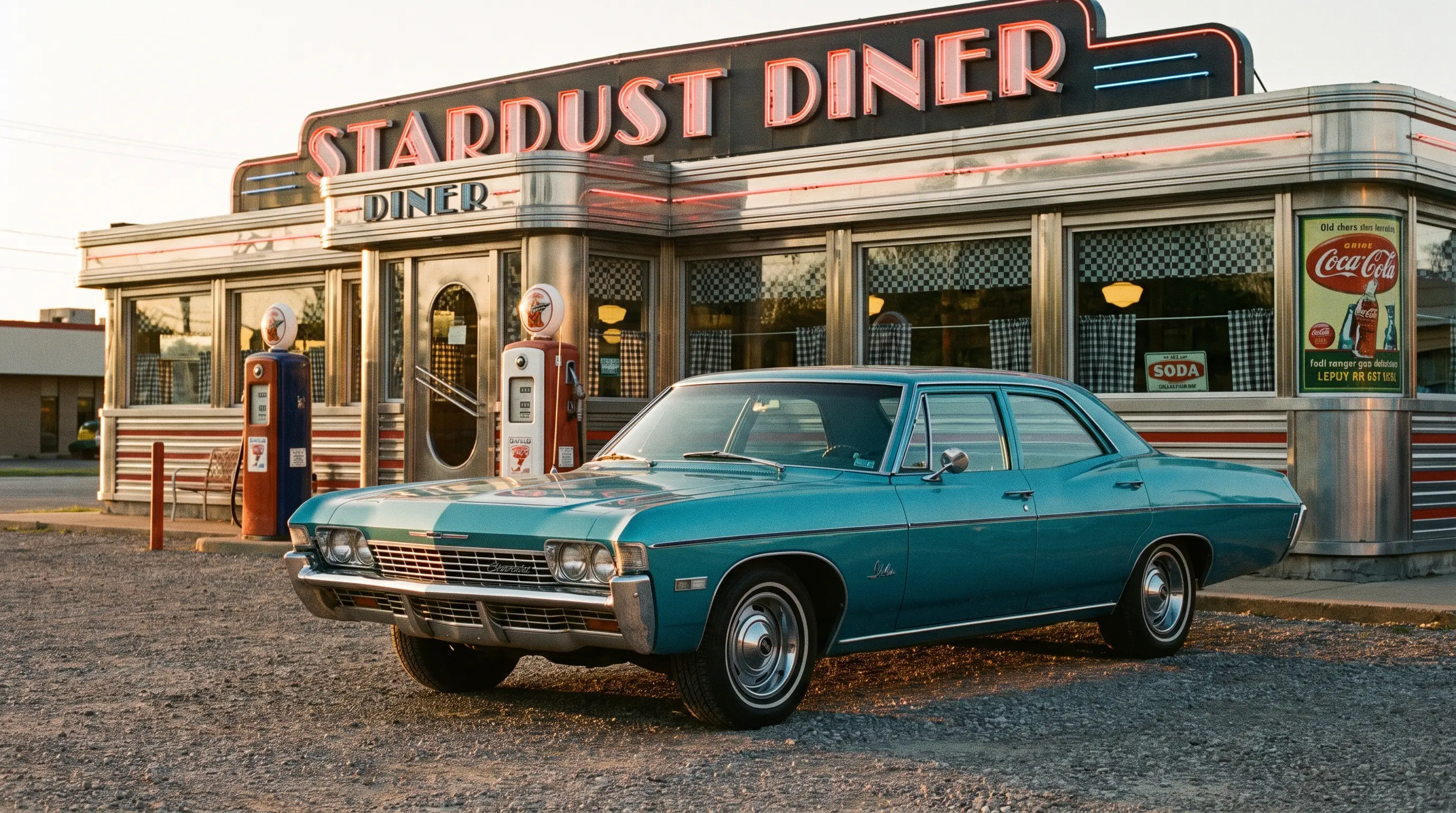 Turquoise 1968 Chevrolet Bel Air sedan parked outside a mid century diner at dusk