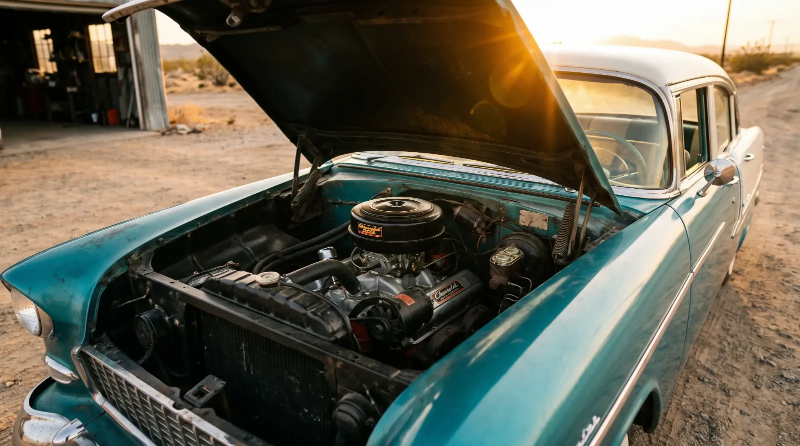 1955 Chevrolet Bel Air engine bay with 265 small-block V8
