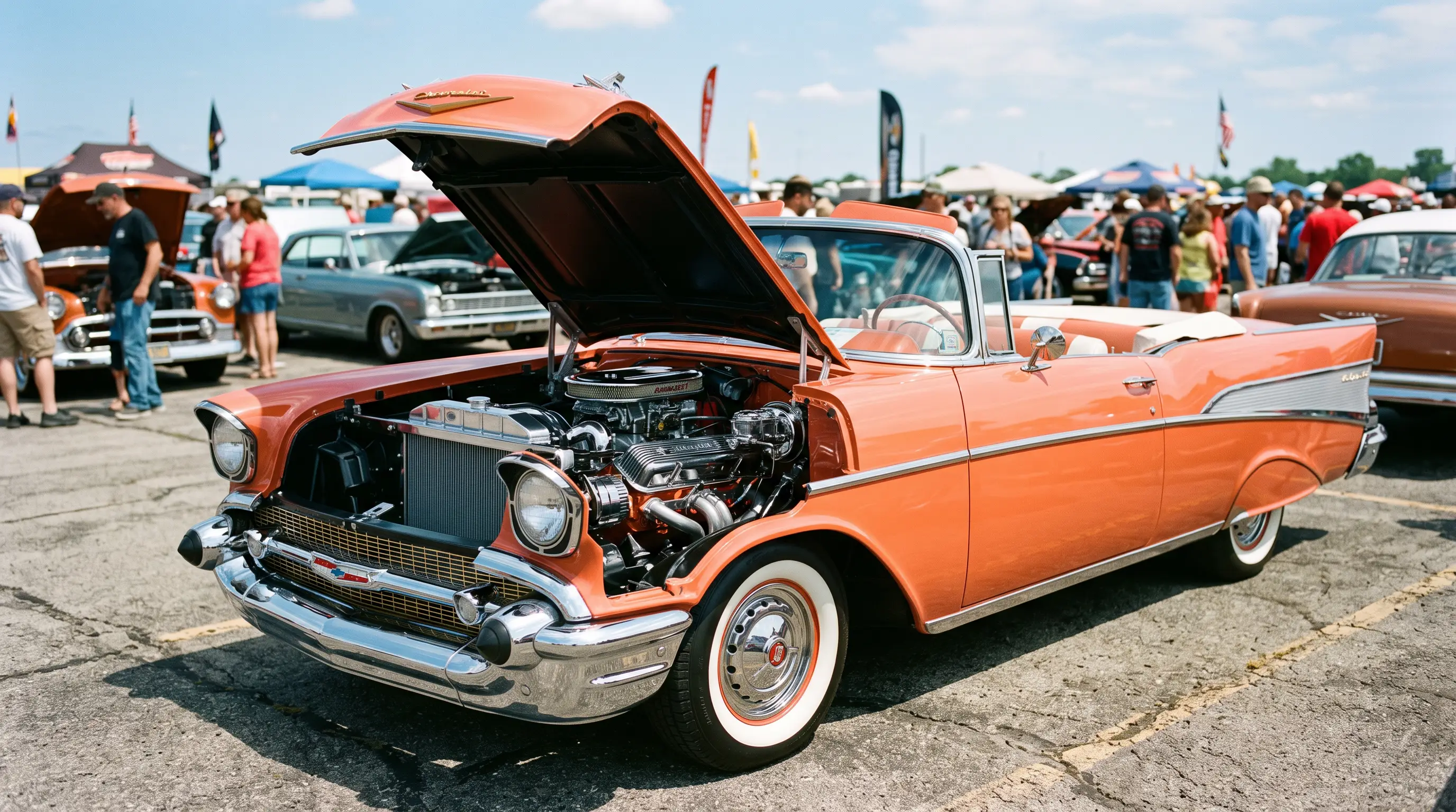 Coral 1957 Chevy Bel Air convertible with hood open showing a chrome Ramjet fuel injected 283 V8