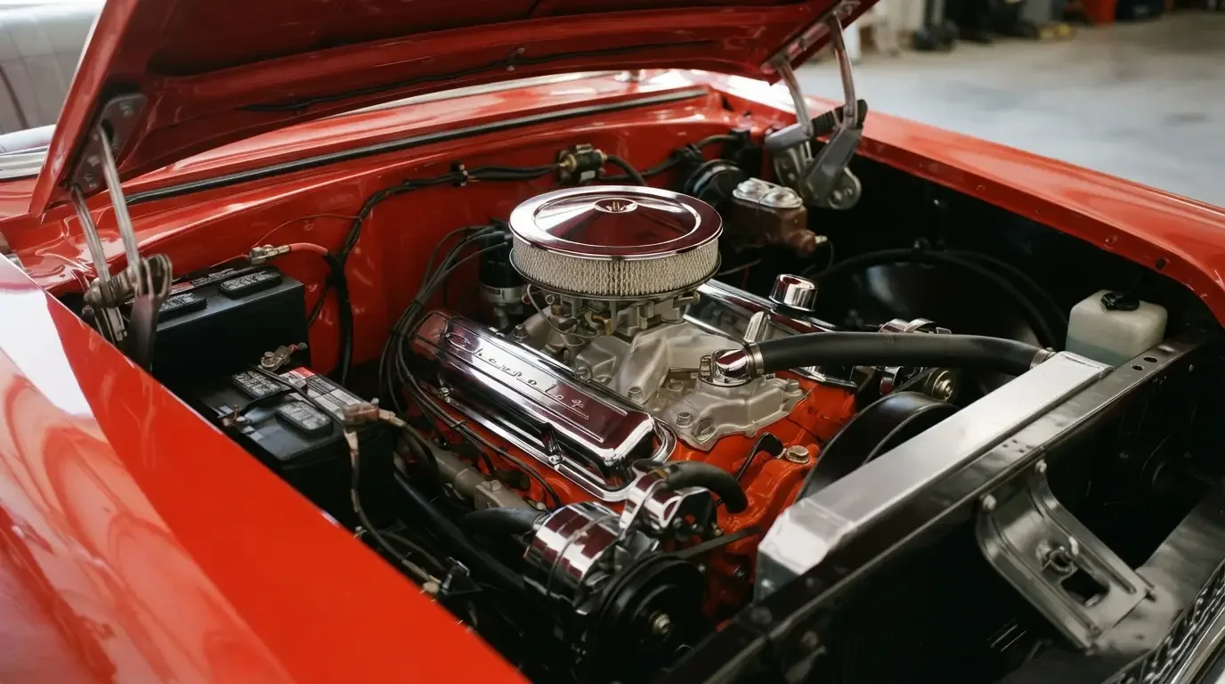 Chevrolet 283 V8 engine bay with chrome valve covers in a 1957 Bel Air
