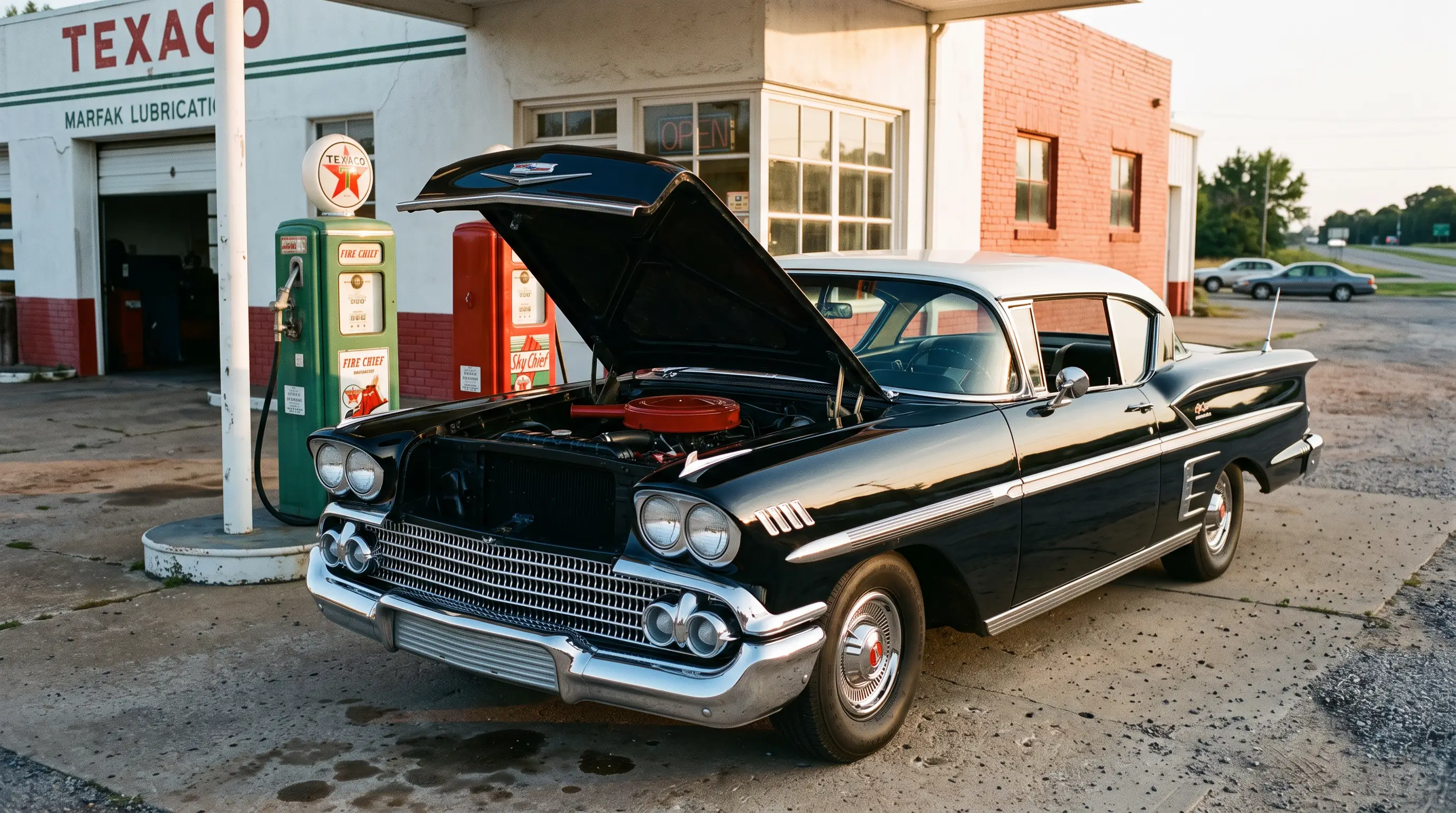 1958 Chevrolet Bel Air with 348 big block V8 engine visible under raised hood at a period gas station