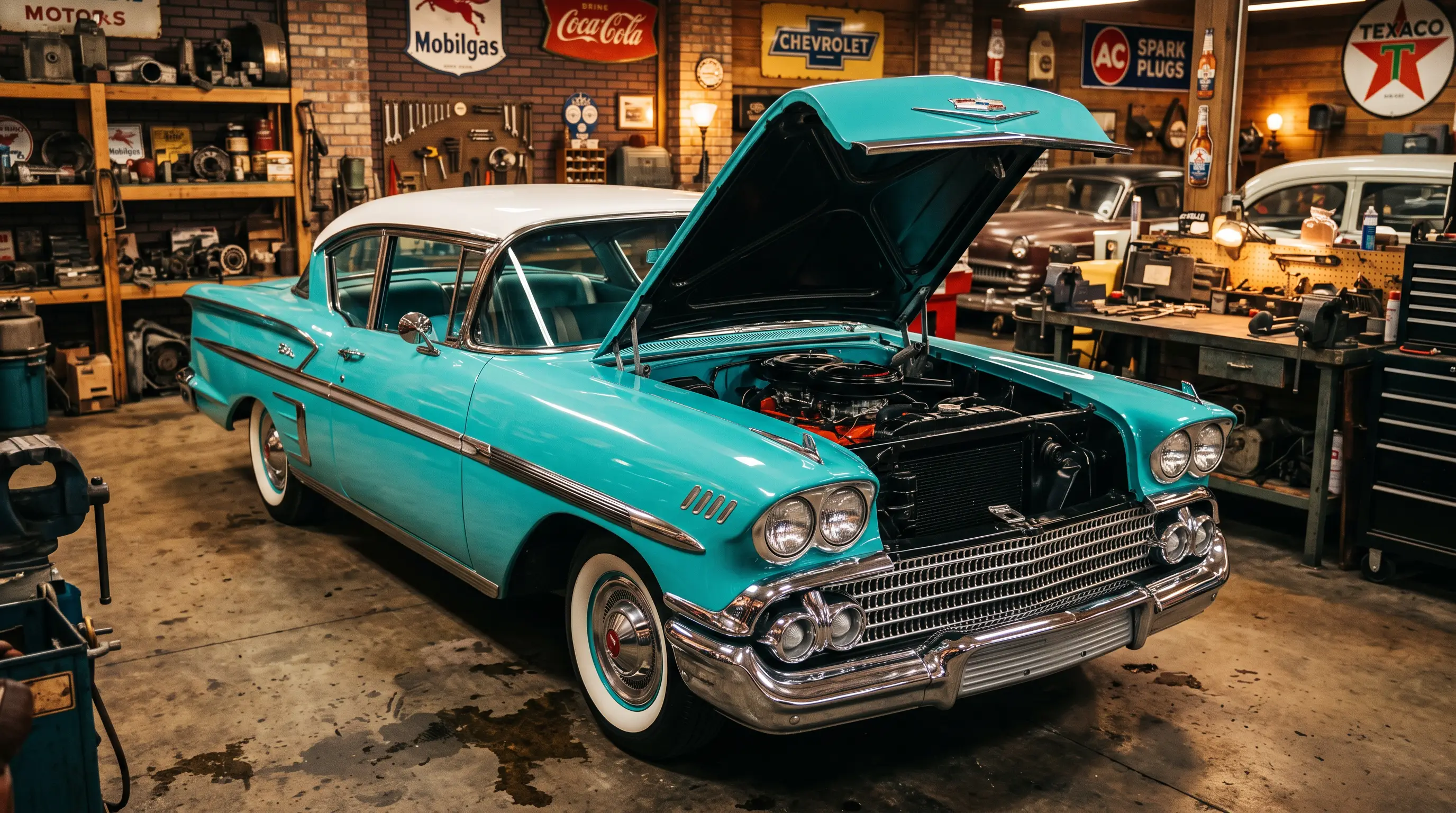 1958 Chevrolet Bel Air with hood open showing the scalloped cover 348 W series V8