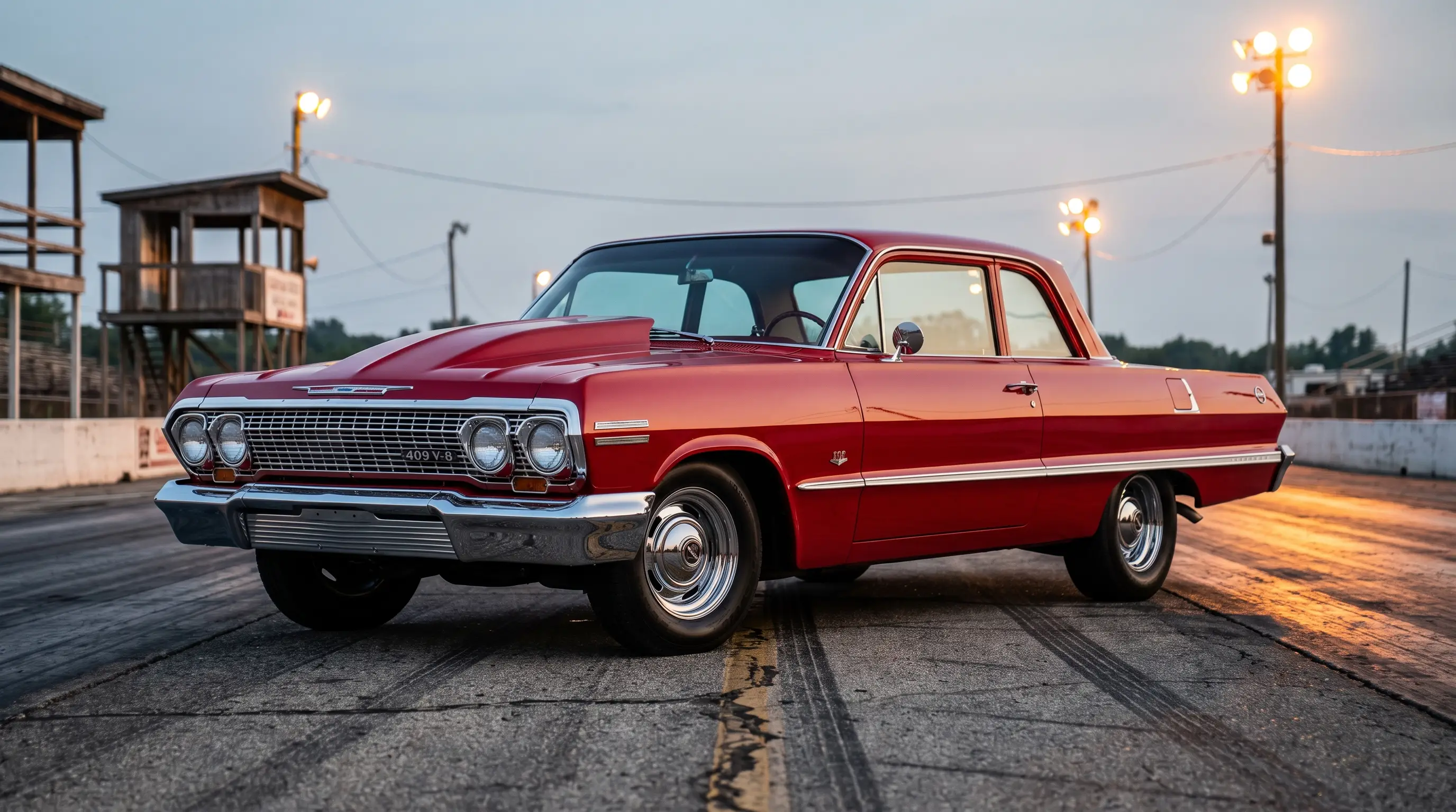 Red 1963 Chevrolet Bel Air 409 staged at a drag strip under evening lights
