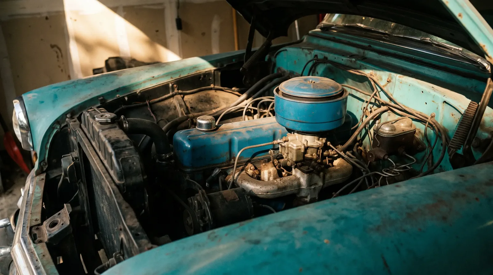 Classic Chevrolet Blue Flame Six engine bay in a 1953 Bel Air, cinematic editorial hero photo
