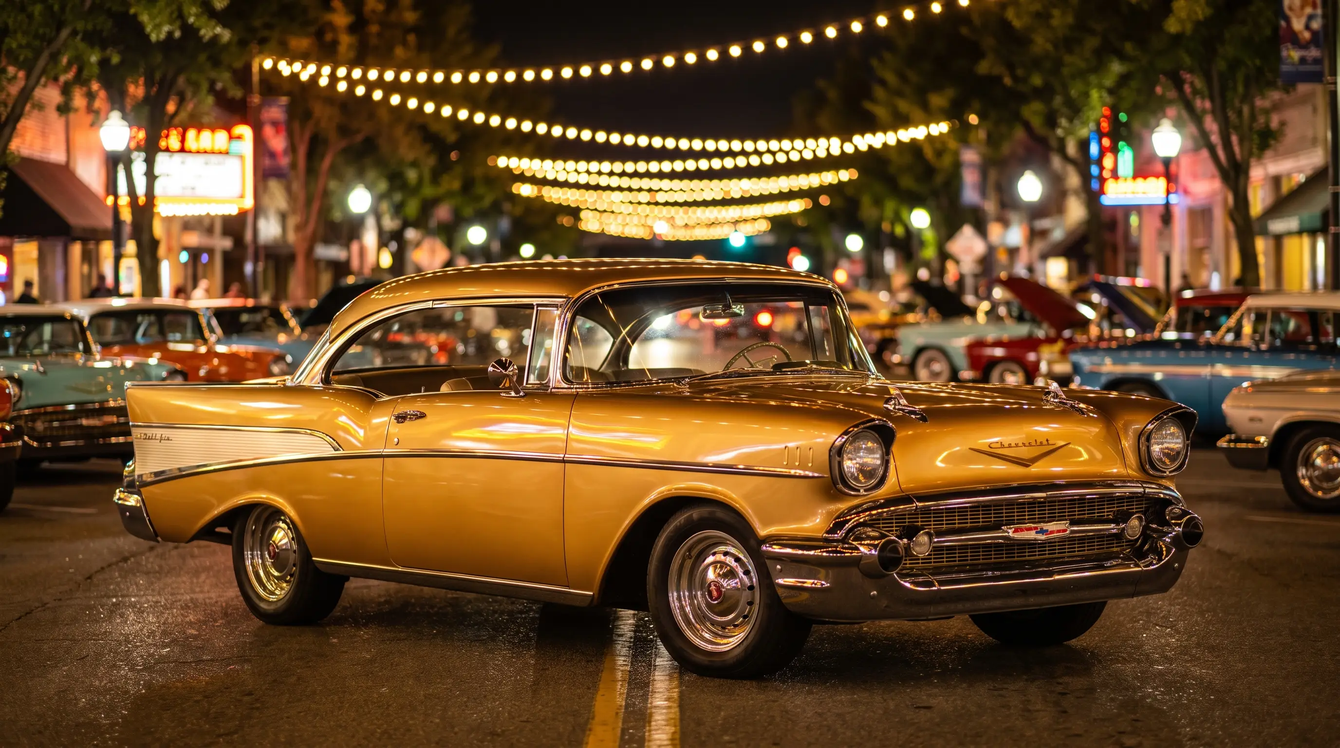 Gold 1957 Chevrolet Bel Air at nighttime classic car cruise event
