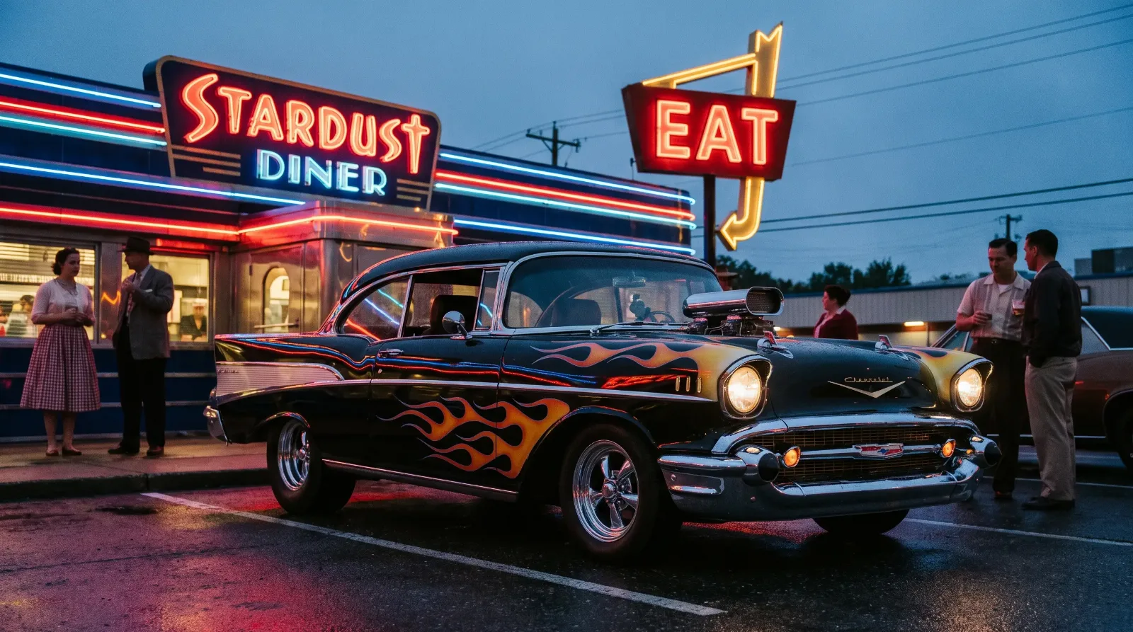 1957 Chevrolet Bel Air hot rod at dusk with neon diner lights, cinematic editorial hero photo
