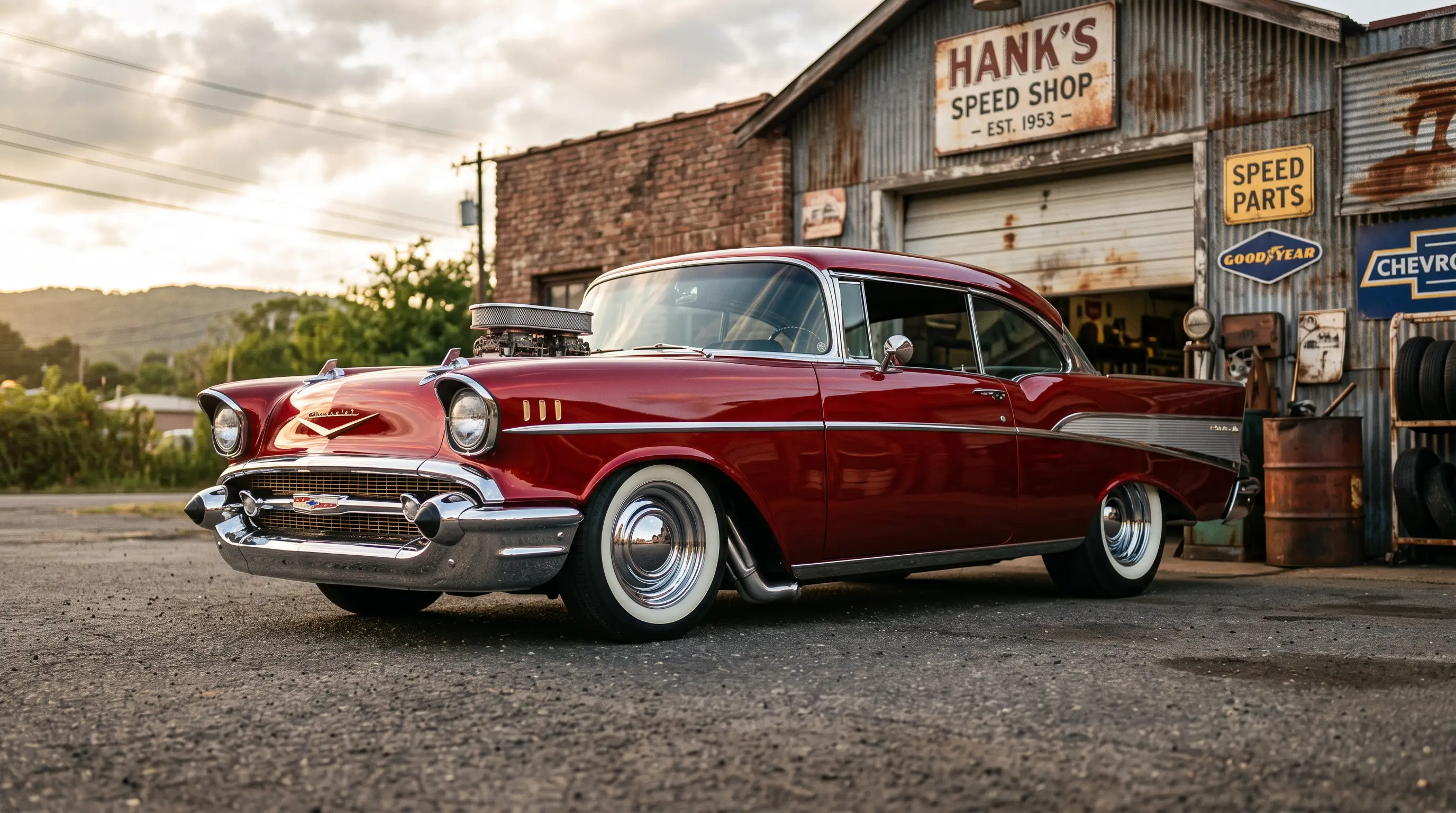 Red 1957 Chevrolet Bel Air hot rod parked outside a vintage speed shop garage