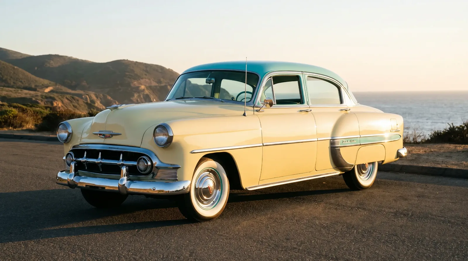 Two-tone pastel colored 1953 Chevrolet Bel Air, three-quarter front view, cinematic editorial hero photo