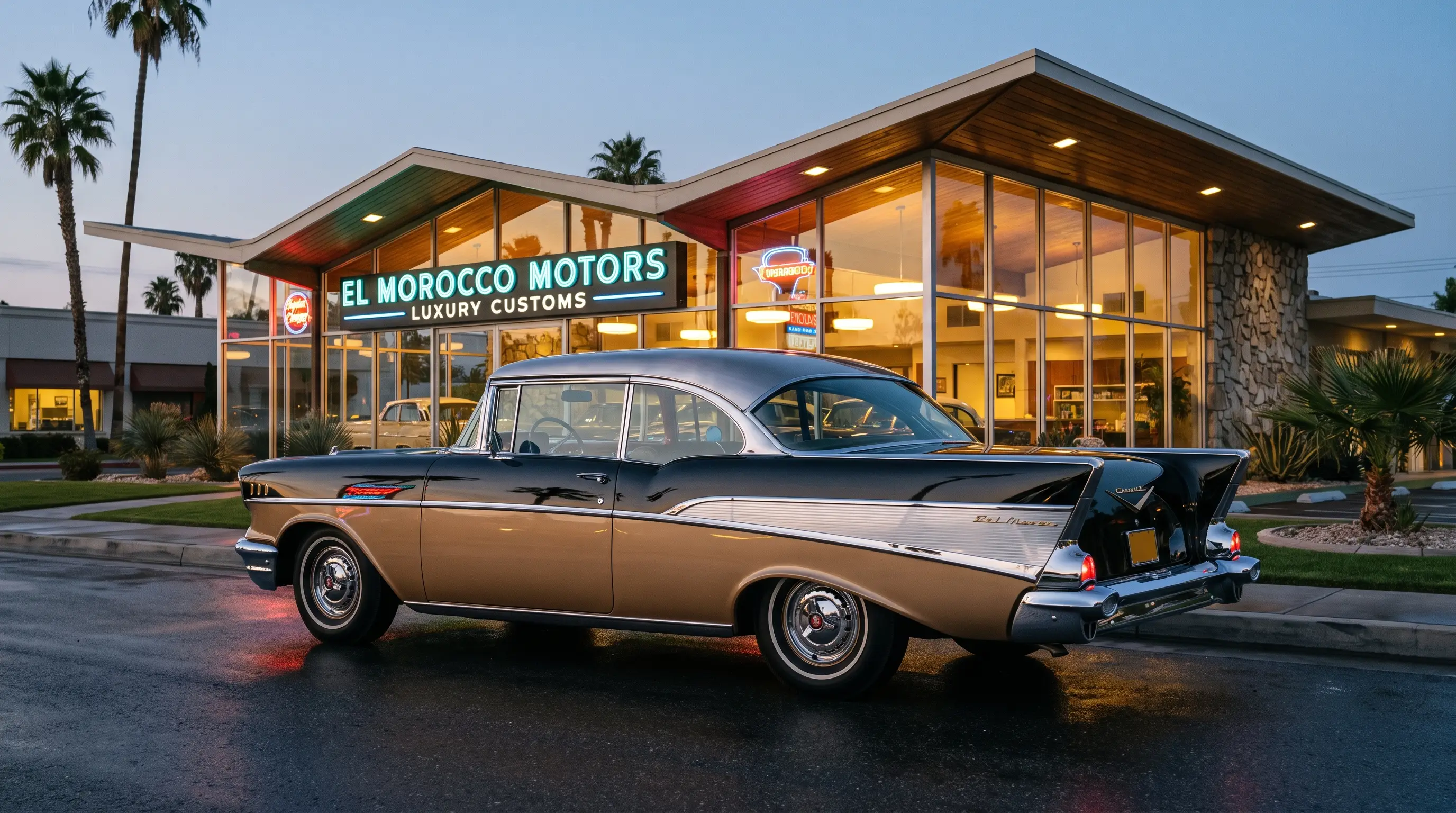 1957 Chevrolet Bel Air El Morocco with Cadillac style fins outside a showroom at dusk