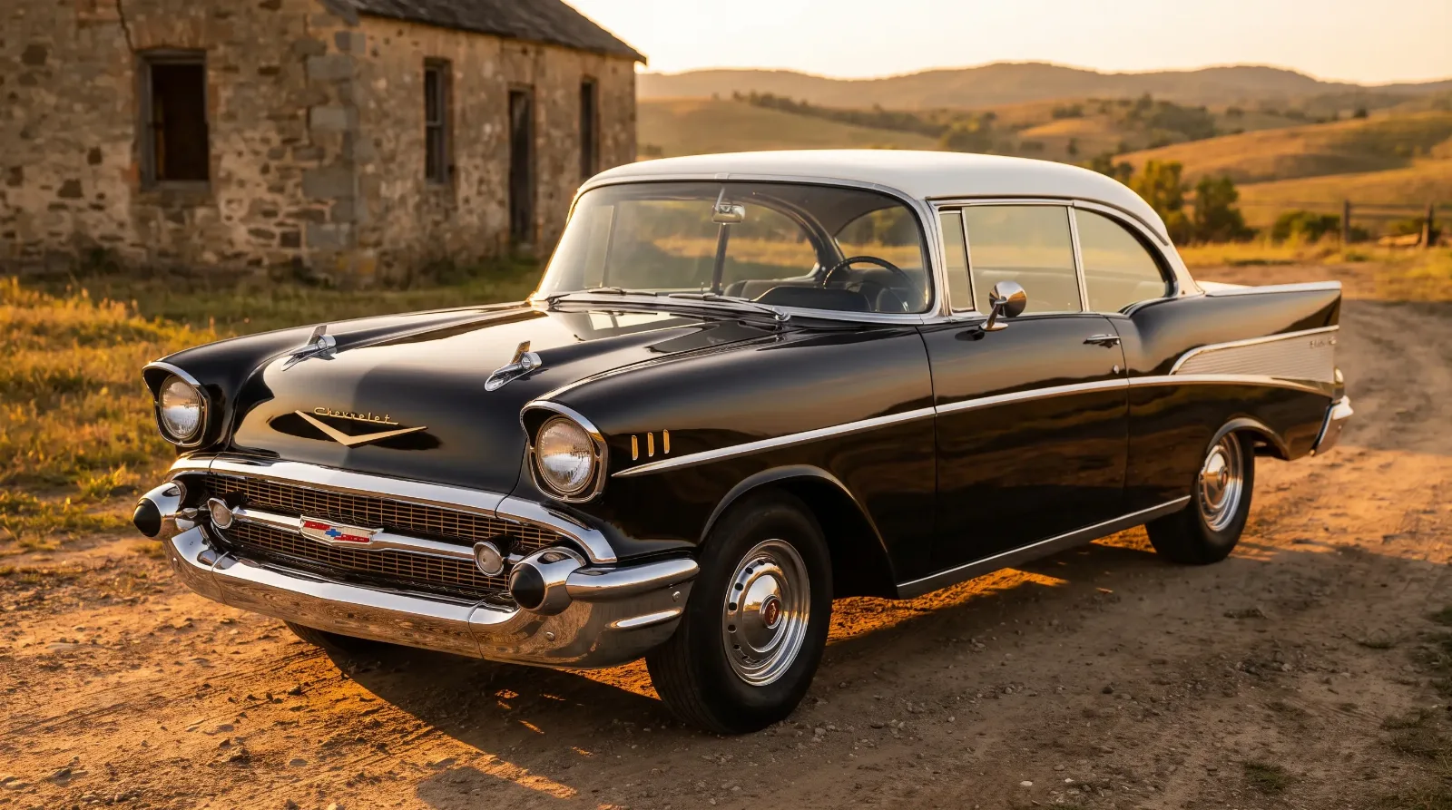 Chrome-laden 1957 Chevrolet Bel Air, Chevrolet's flagship, three-quarter front view, cinematic editorial hero photo