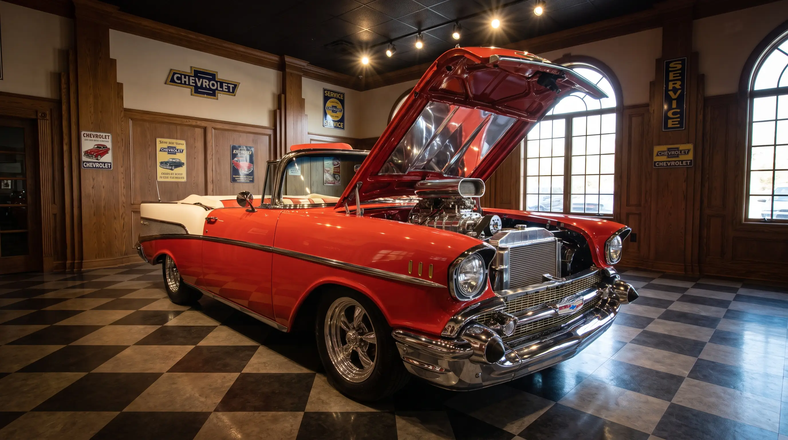 Classic Chevrolet Bel Air with open V8 engine bay in a vintage showroom