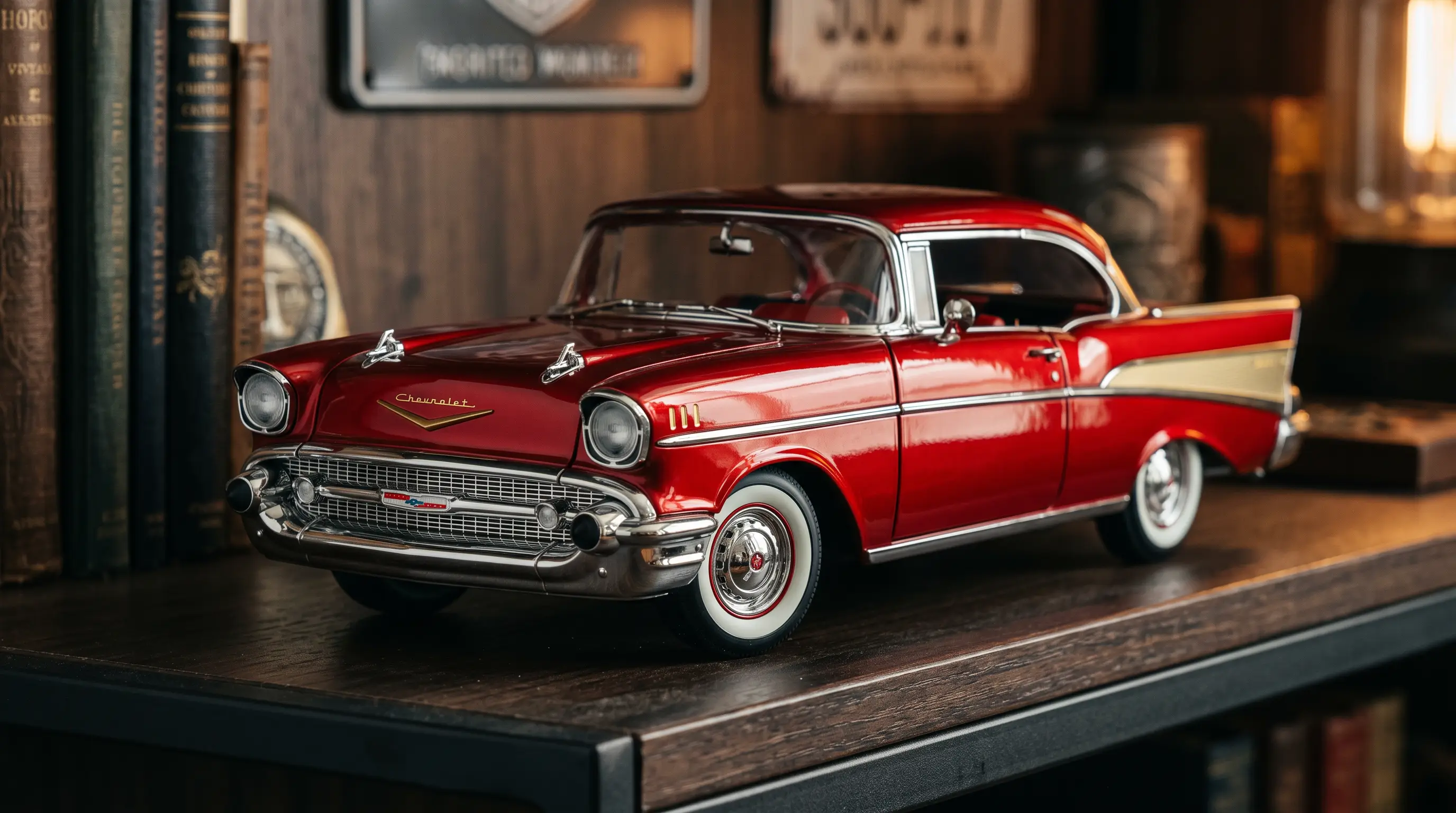 Candy red toy scale 1957 Bel Air on a collectors shelf display