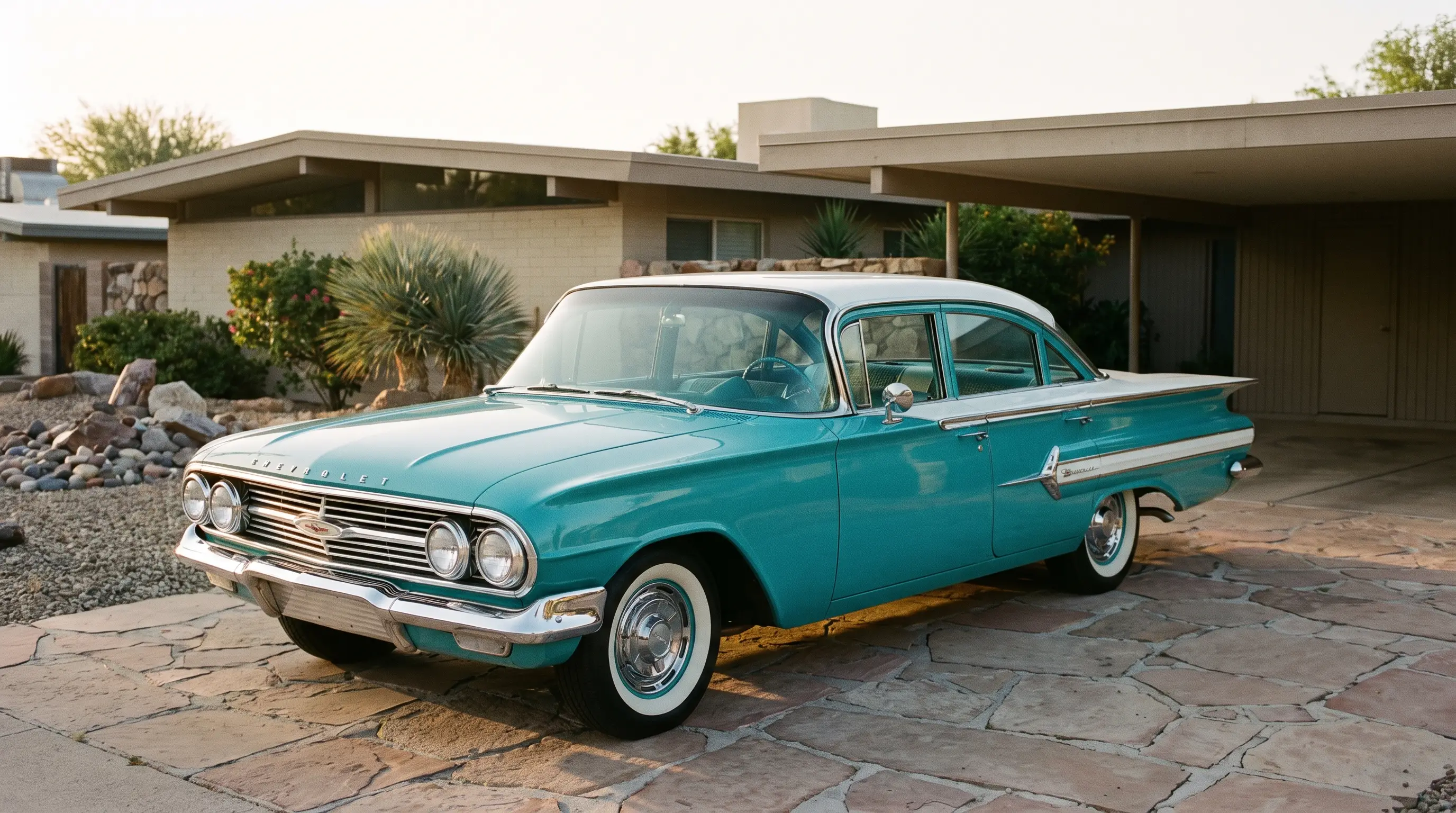 Two tone Chevrolet Bel Air sedan parked outside a mid century suburban home