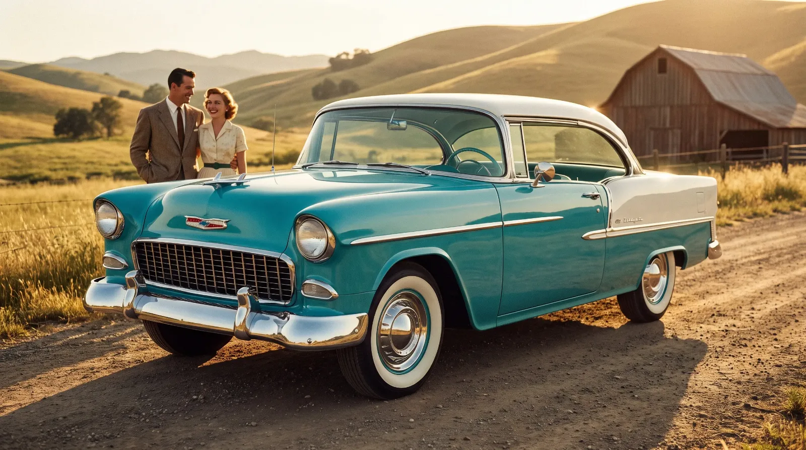 1955 Chevrolet Bel Air styled as a period Motoramic advertisement, three-quarter front view