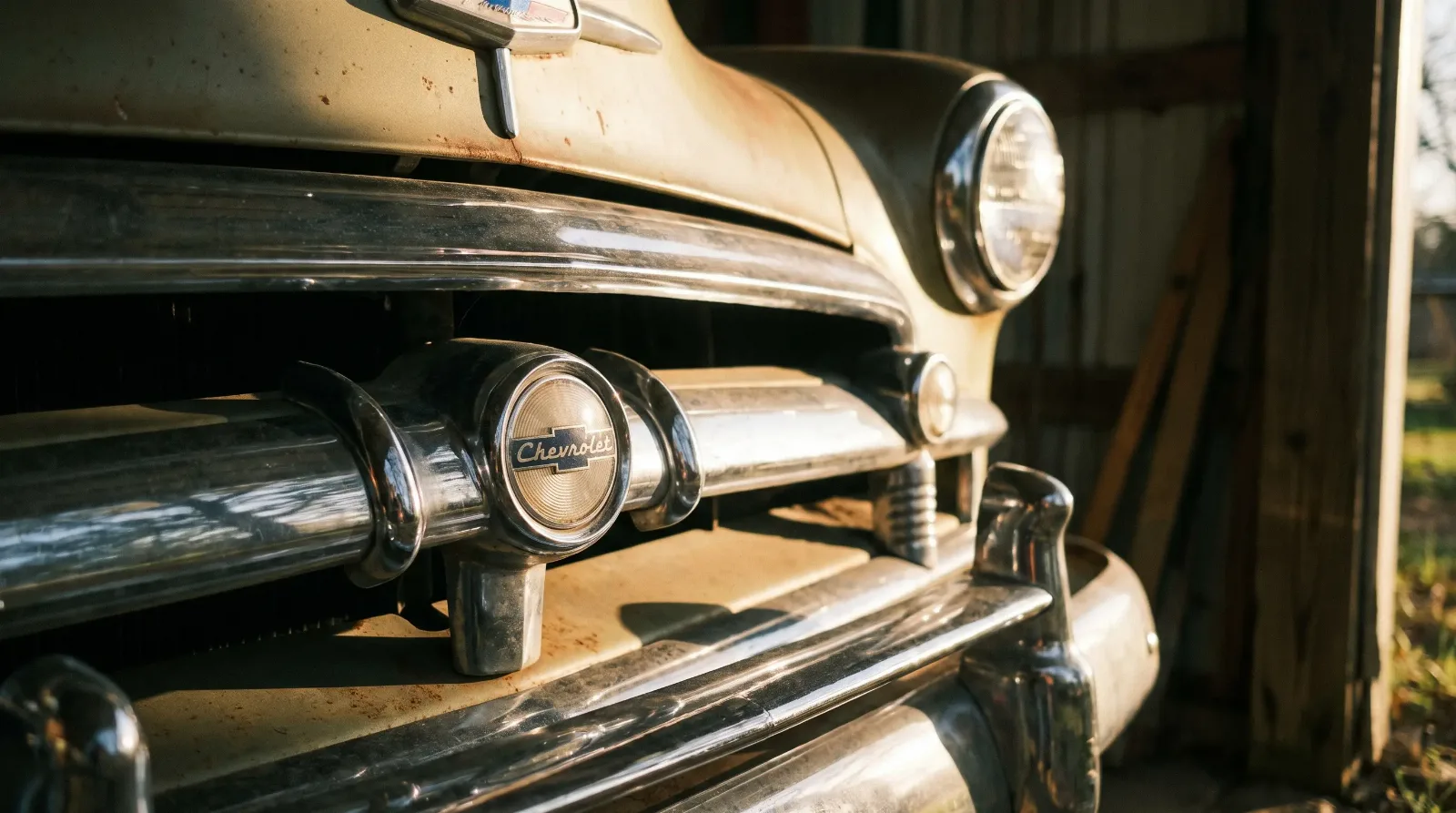 1951 Chevrolet Bel Air hardtop badge and grille detail, cinematic editorial hero photo