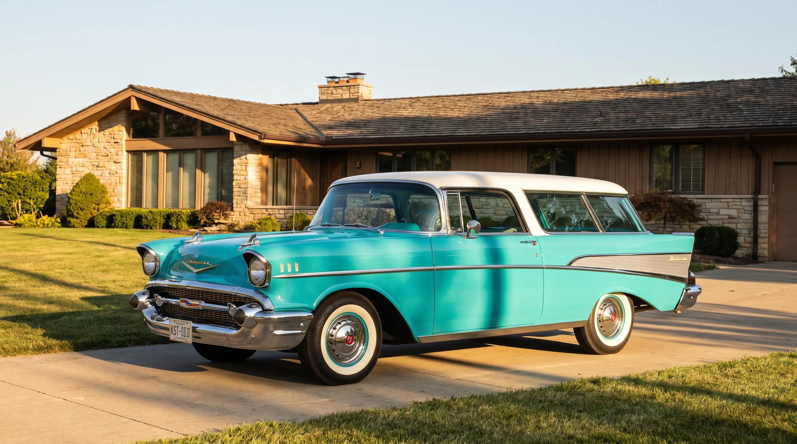 Turquoise and white 1957 Chevrolet Nomad hardtop wagon in a suburban driveway at afternoon