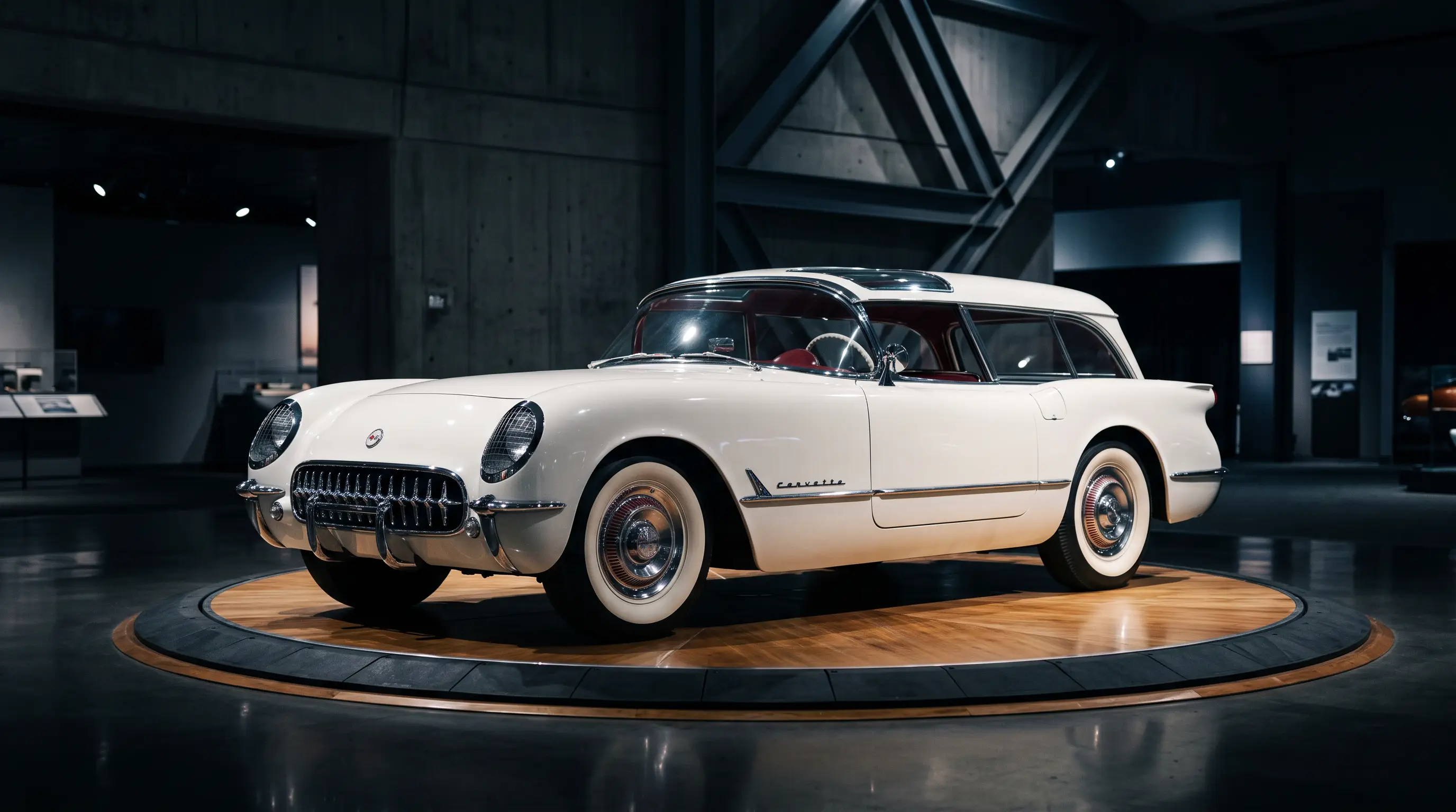 White Corvette bodied Motorama concept wagon on a spotlit showroom pedestal