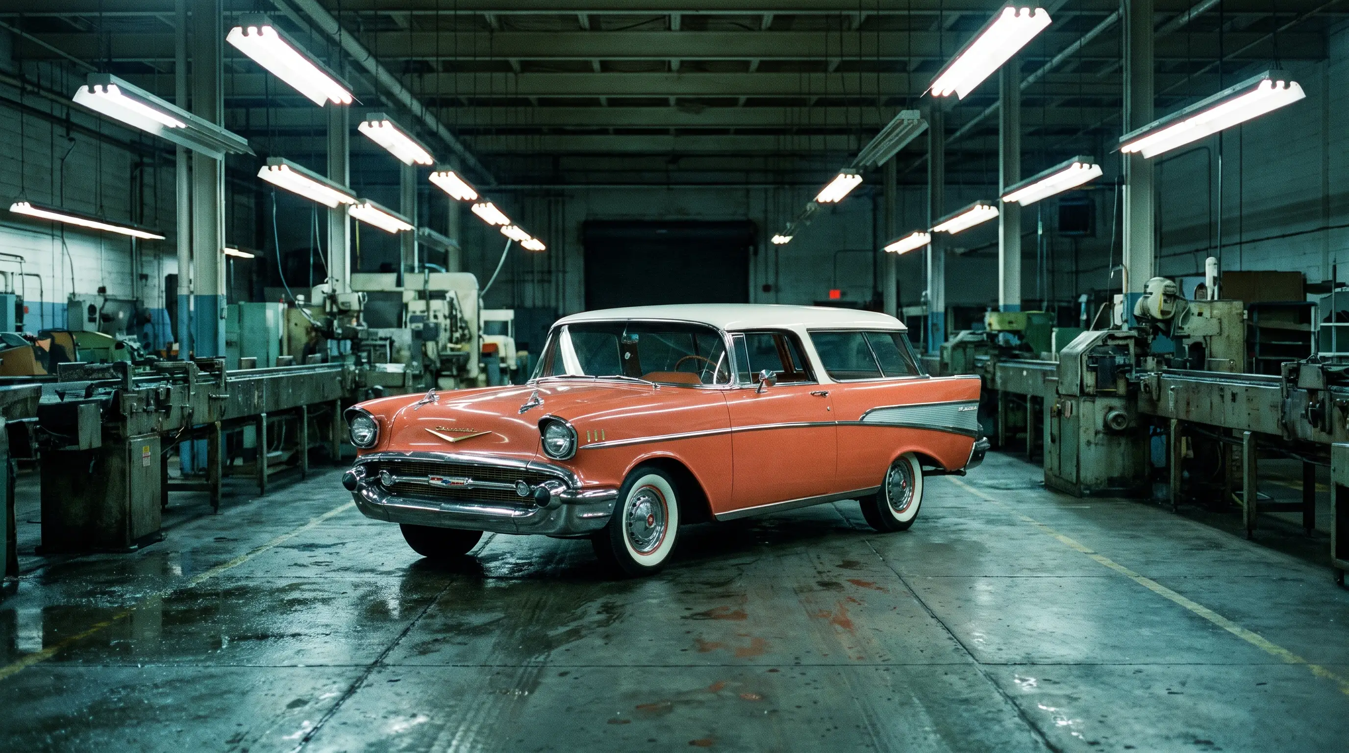 Coral and white Chevrolet Nomad wagon standing alone on an empty factory production line