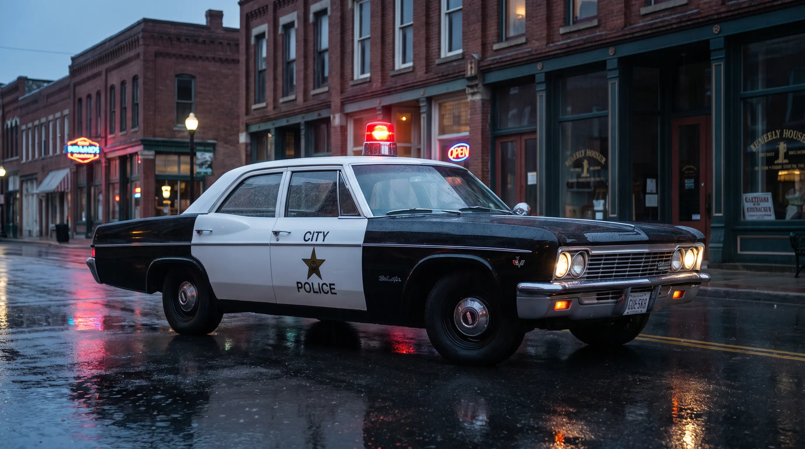1966 Chevrolet Bel Air police cruiser on a rain slicked city street at dusk