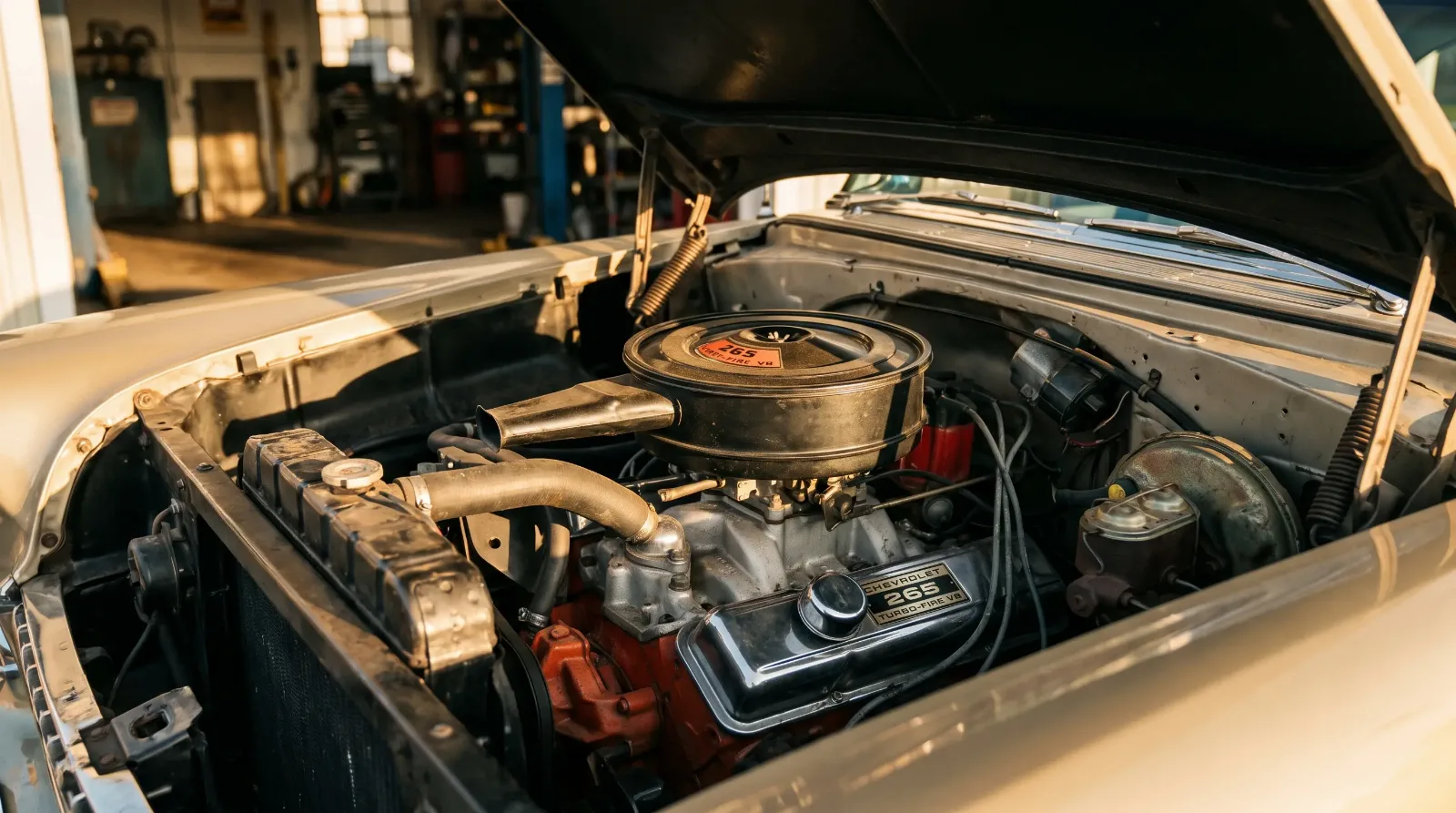 1955 Chevrolet Bel Air engine bay with Power Pack 265 V8 and dual exhaust