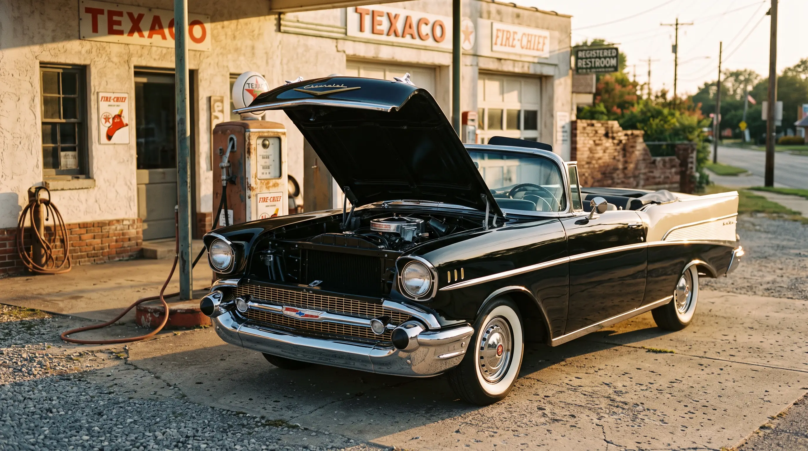 1957 Chevrolet Bel Air with hood open showing rare Ramjet fuel injection engine