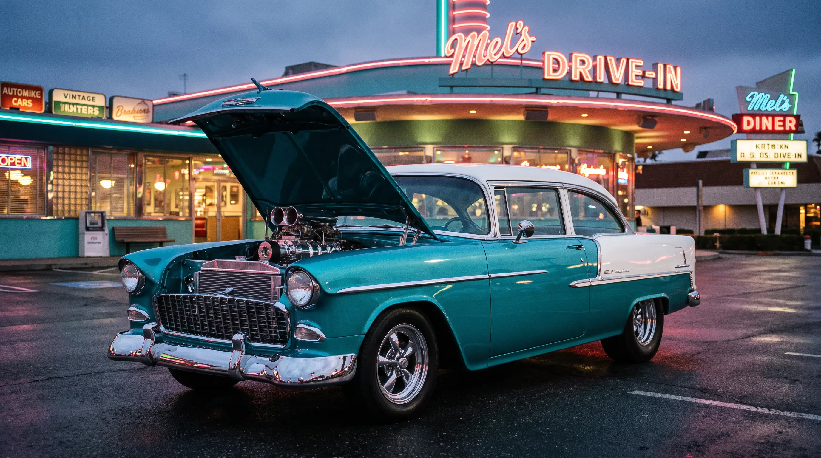 Turquoise and white 1955 Chevrolet Bel Air hot rod with open hood at a neon drive-in