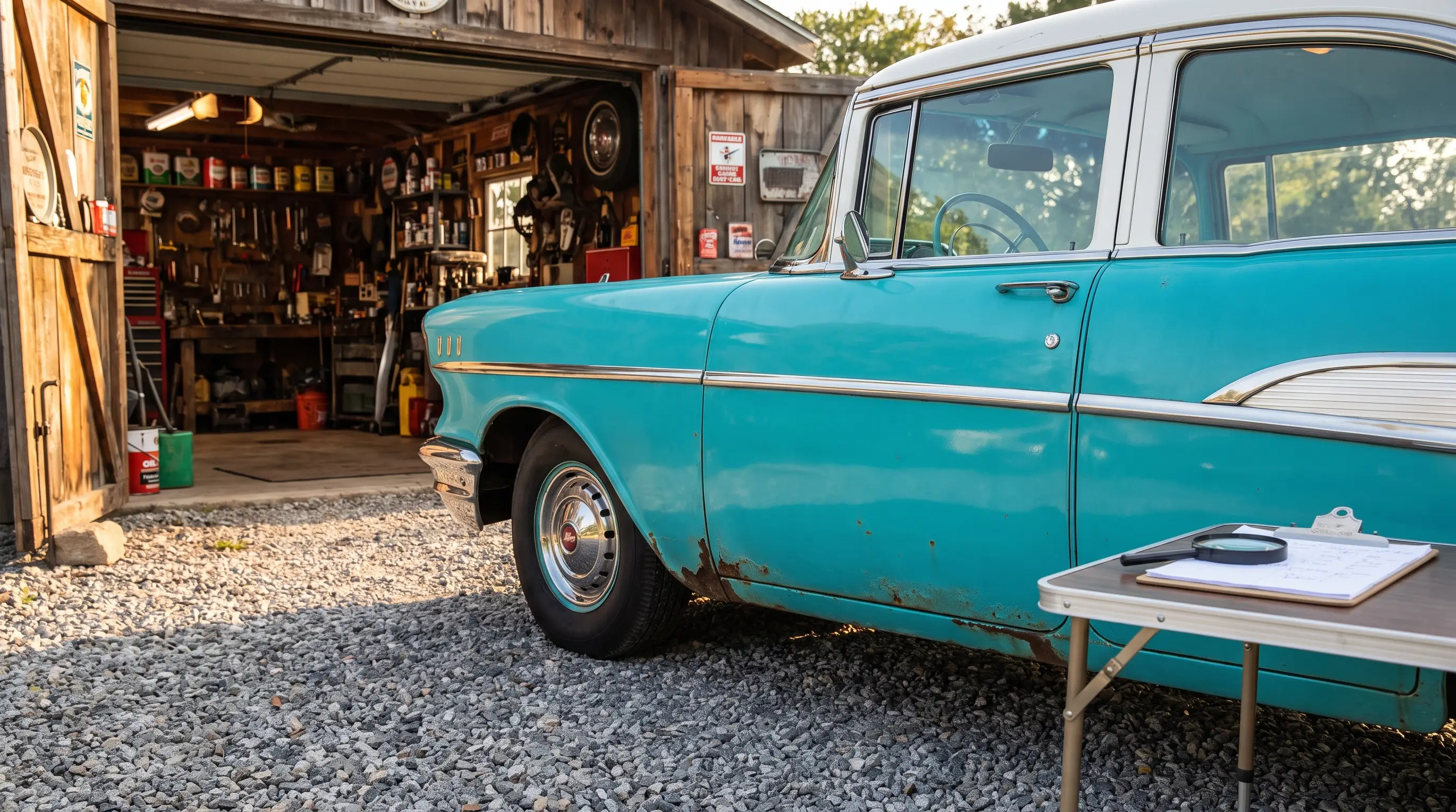Turquoise 1957 Chevrolet Bel Air parked by an open garage showing body condition