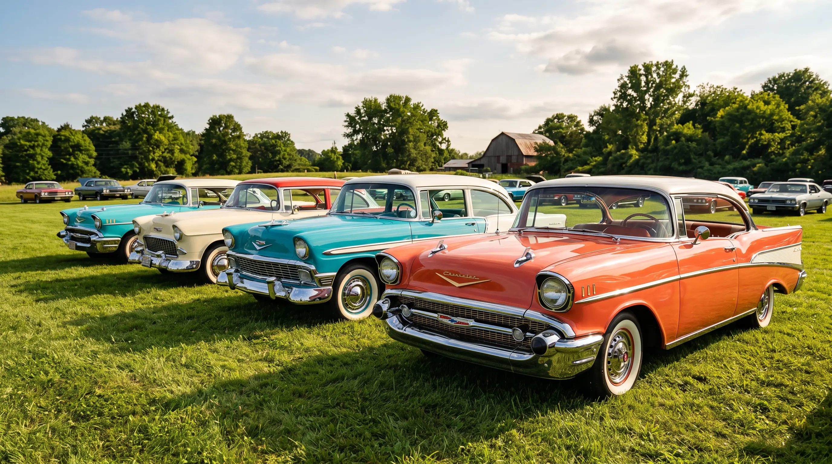 Row of pastel colored Tri-Five Chevrolet Bel Airs at a sunny car club gathering
