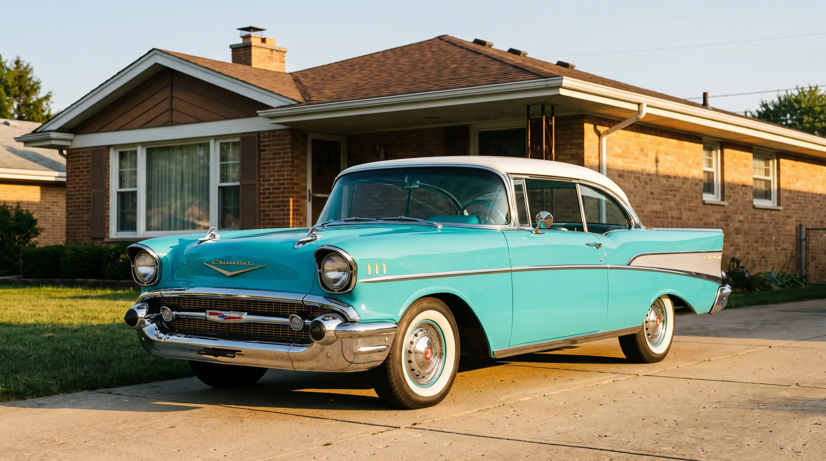 1957 Chevrolet Bel Air in turquoise and white parked in a suburban driveway