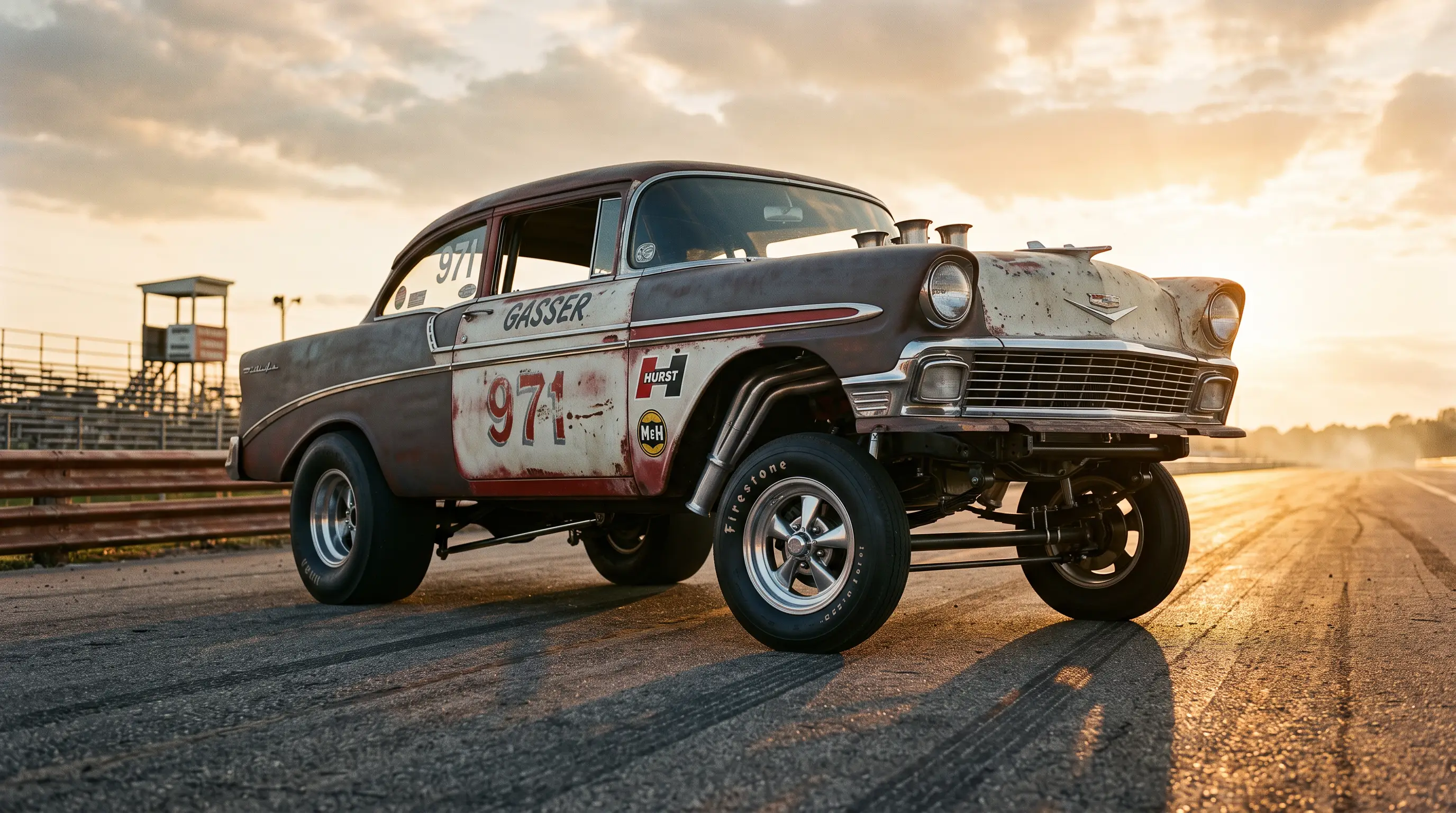Nose high 1956 Chevrolet gasser drag car with slotted mags staged on a sunlit dragstrip