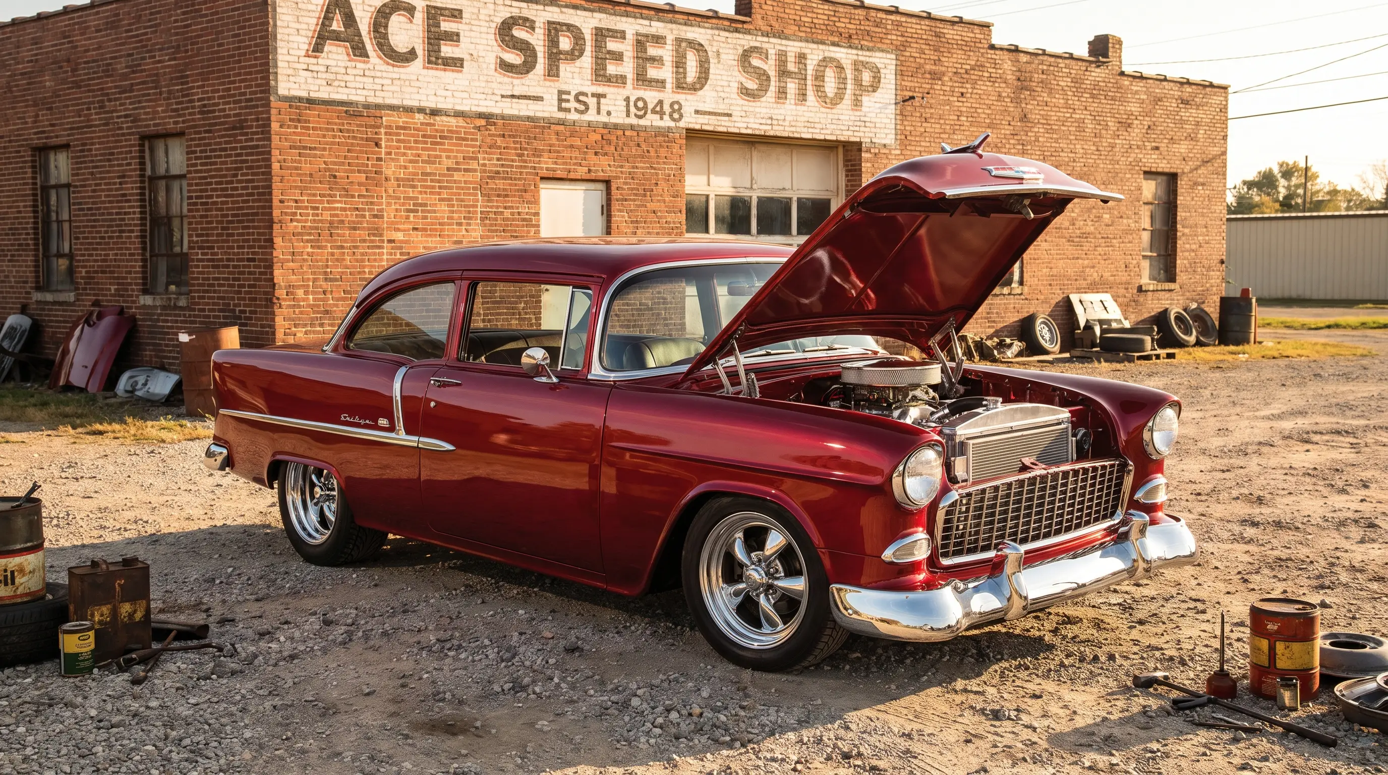 Candy apple red 1955 Chevrolet Bel Air hot rod with open hood beside a vintage speed shop