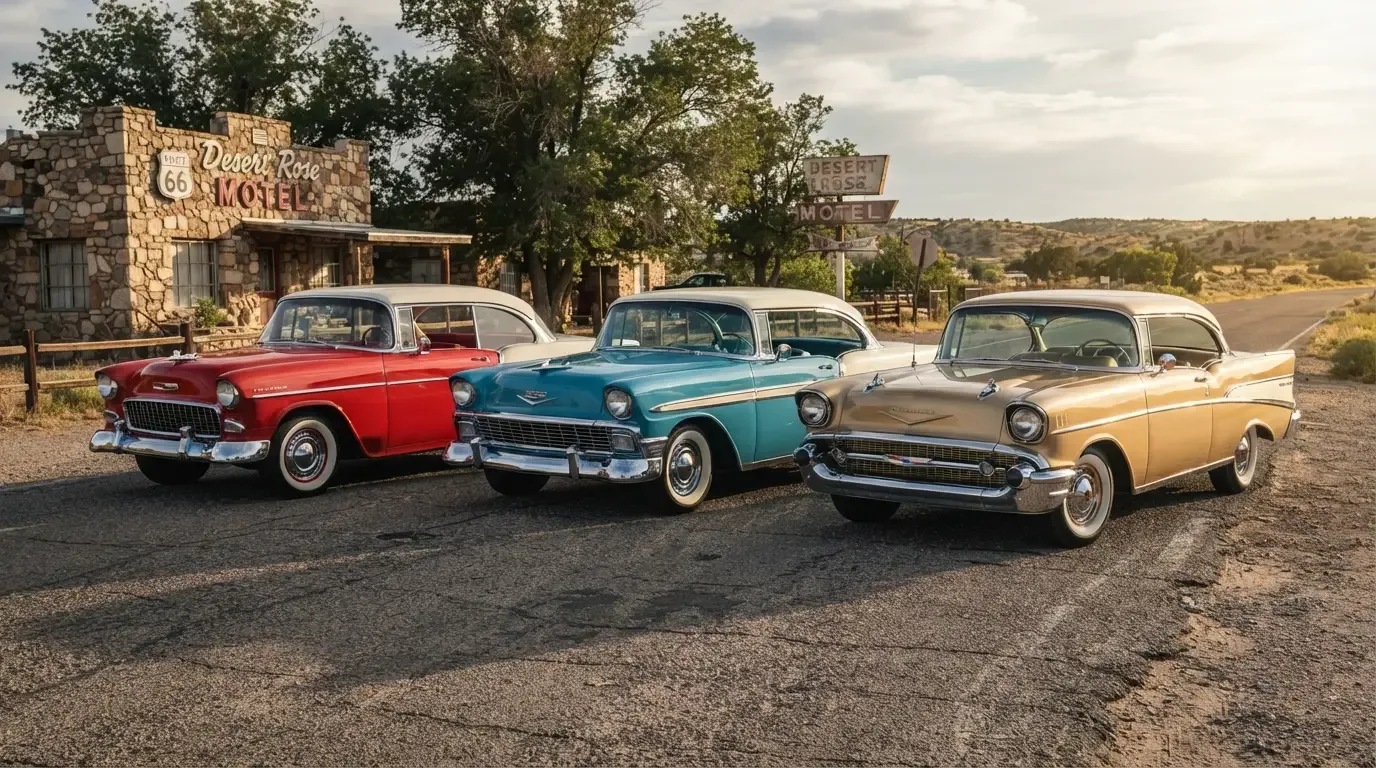 1955, 1956, and 1957 Tri-Five Chevrolet Bel Airs parked together